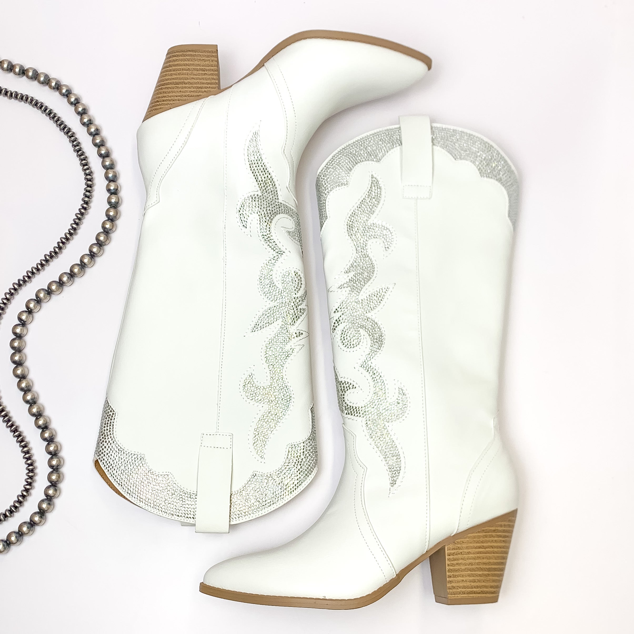 Lonestar Beauty Western Stitch Boots with Clear Crystal Embellishment in White - Giddy Up Glamour Boutique