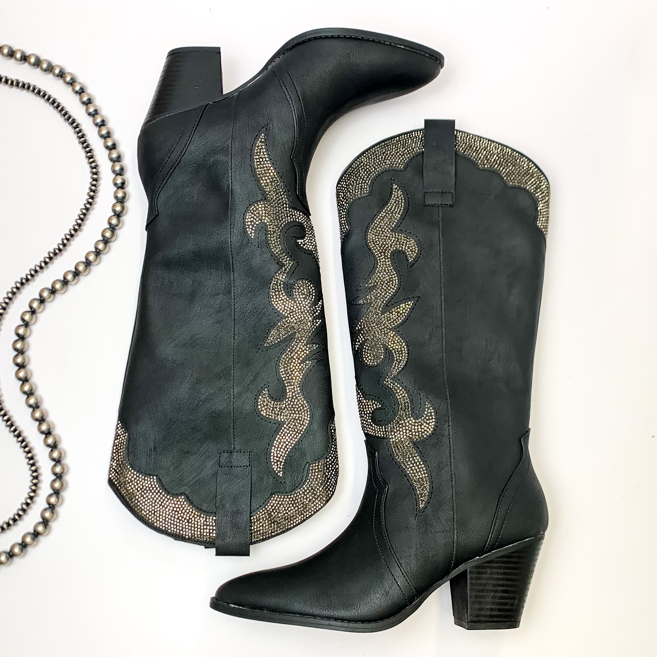 Lonestar Beauty Western Stitch Boots with Charcoal Crystal Embellishment in Black - Giddy Up Glamour Boutique