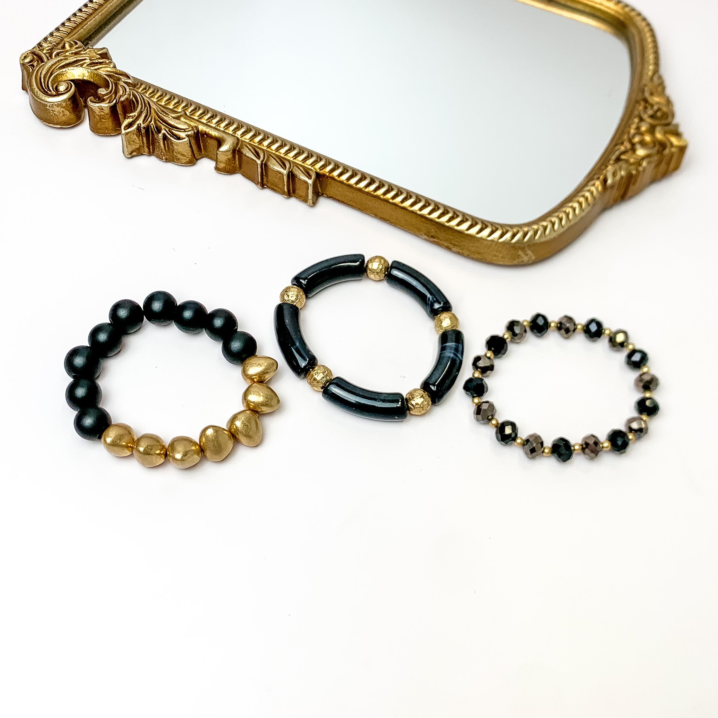 Set of Three | Island Dream Crystal and Marble Beaded Bracelet Set in Black - Giddy Up Glamour Boutique