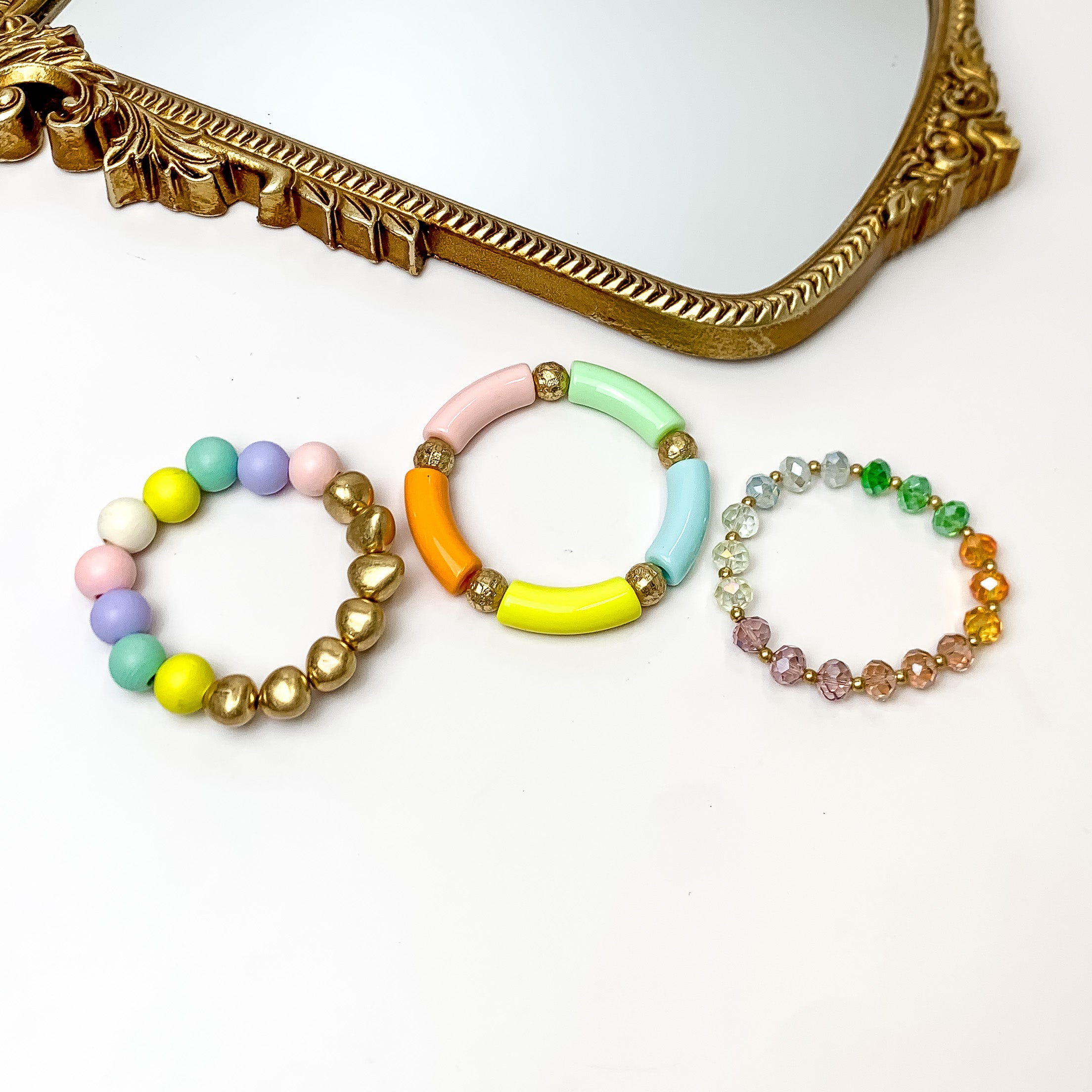Set of Three | Island Dream Crystal and Marble Beaded Bracelet Set in Multicolor - Giddy Up Glamour Boutique