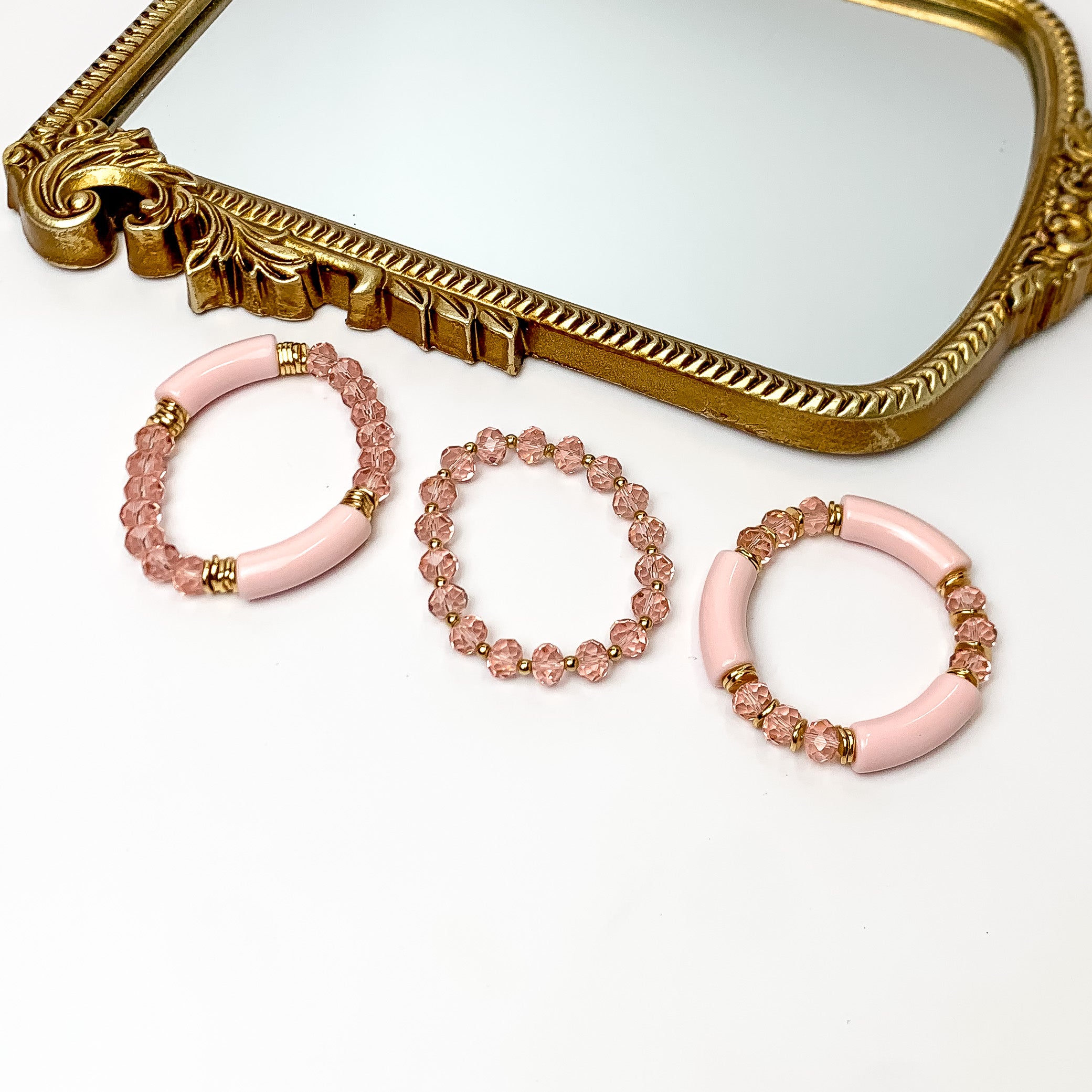 Set of Three | Sunny Bliss Crystal Beaded Bracelet Set in Light Pink - Giddy Up Glamour Boutique