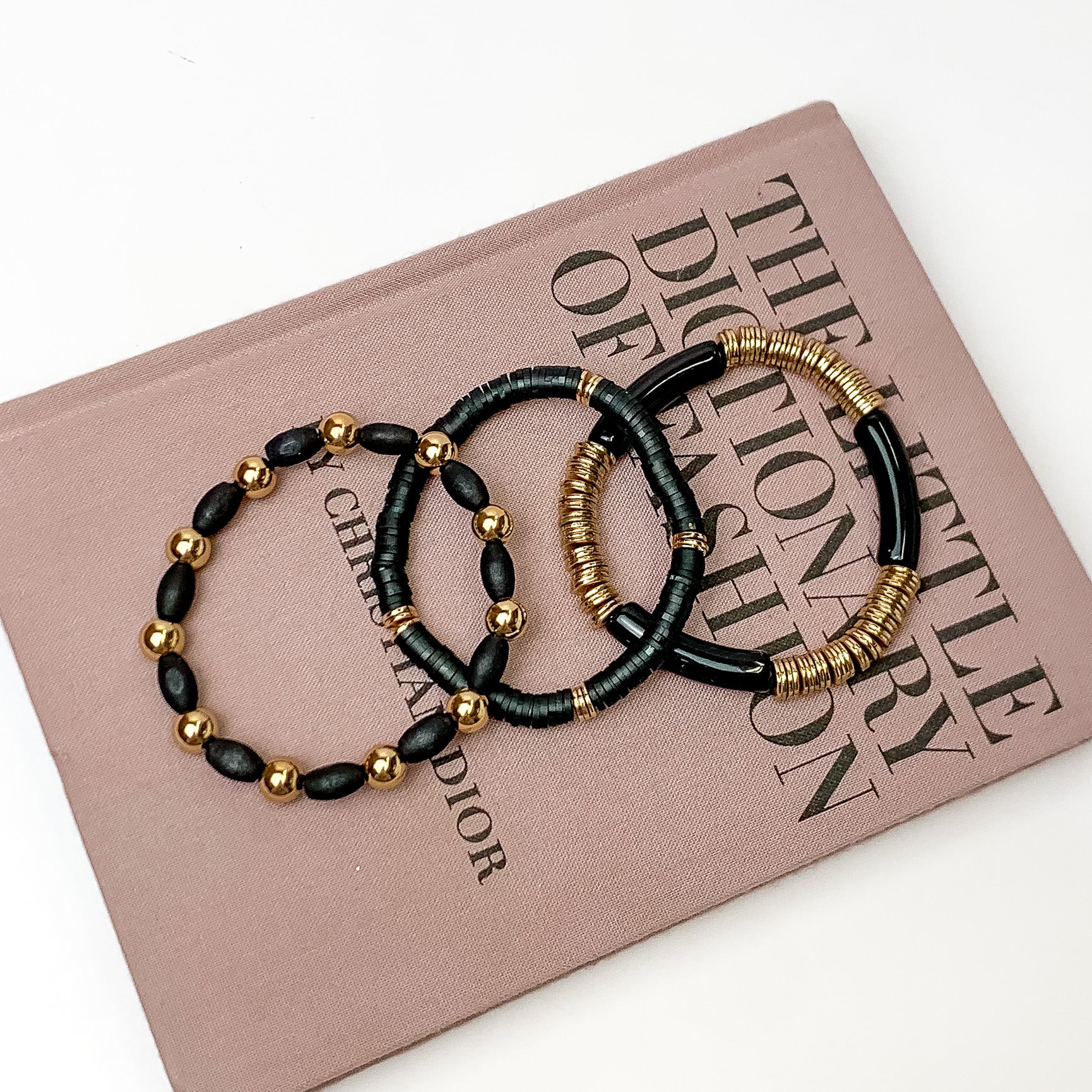 Set of Three | Goldie Goddess Tube and Beads Bracelet Set in Black - Giddy Up Glamour Boutique