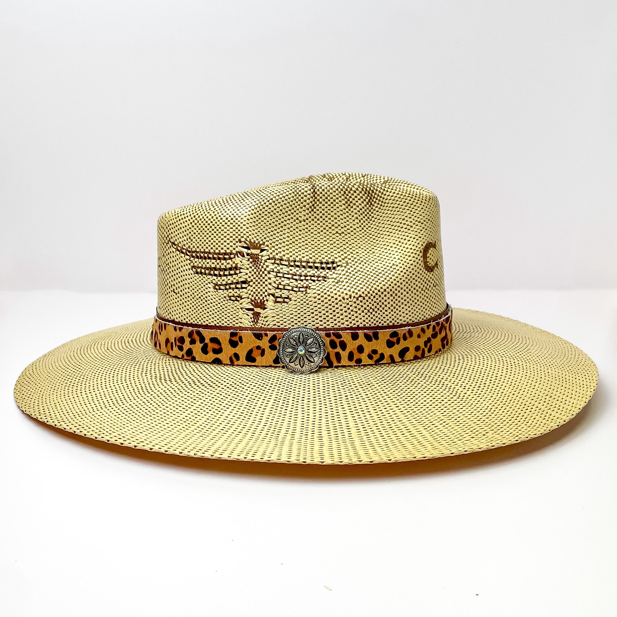 Leopard Print Hat Band with Silver Tone Concho Charm - Giddy Up Glamour Boutique