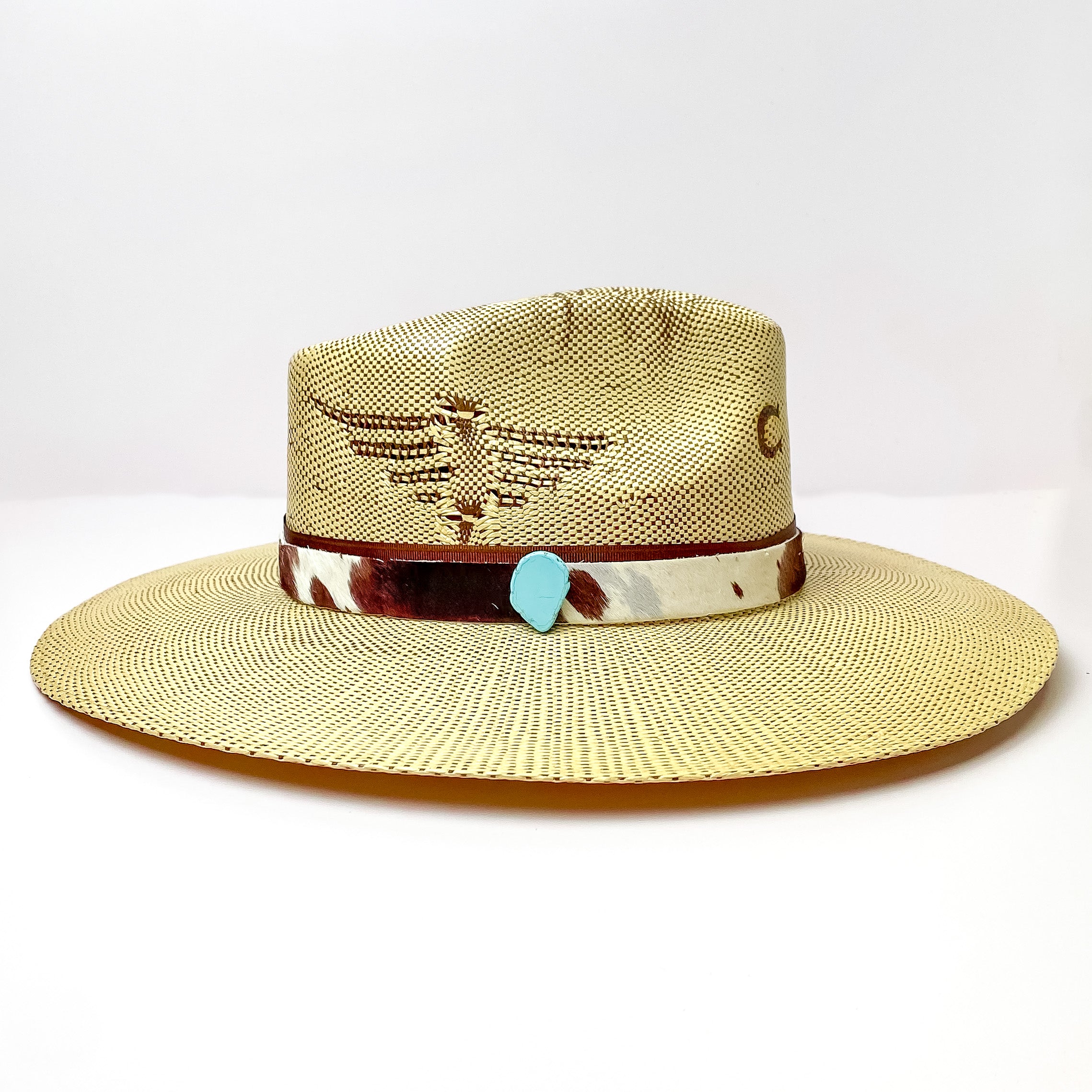 Cow Print Hat Band with Faux Turquoise Charm in Brown, Grey, and White - Giddy Up Glamour Boutique
