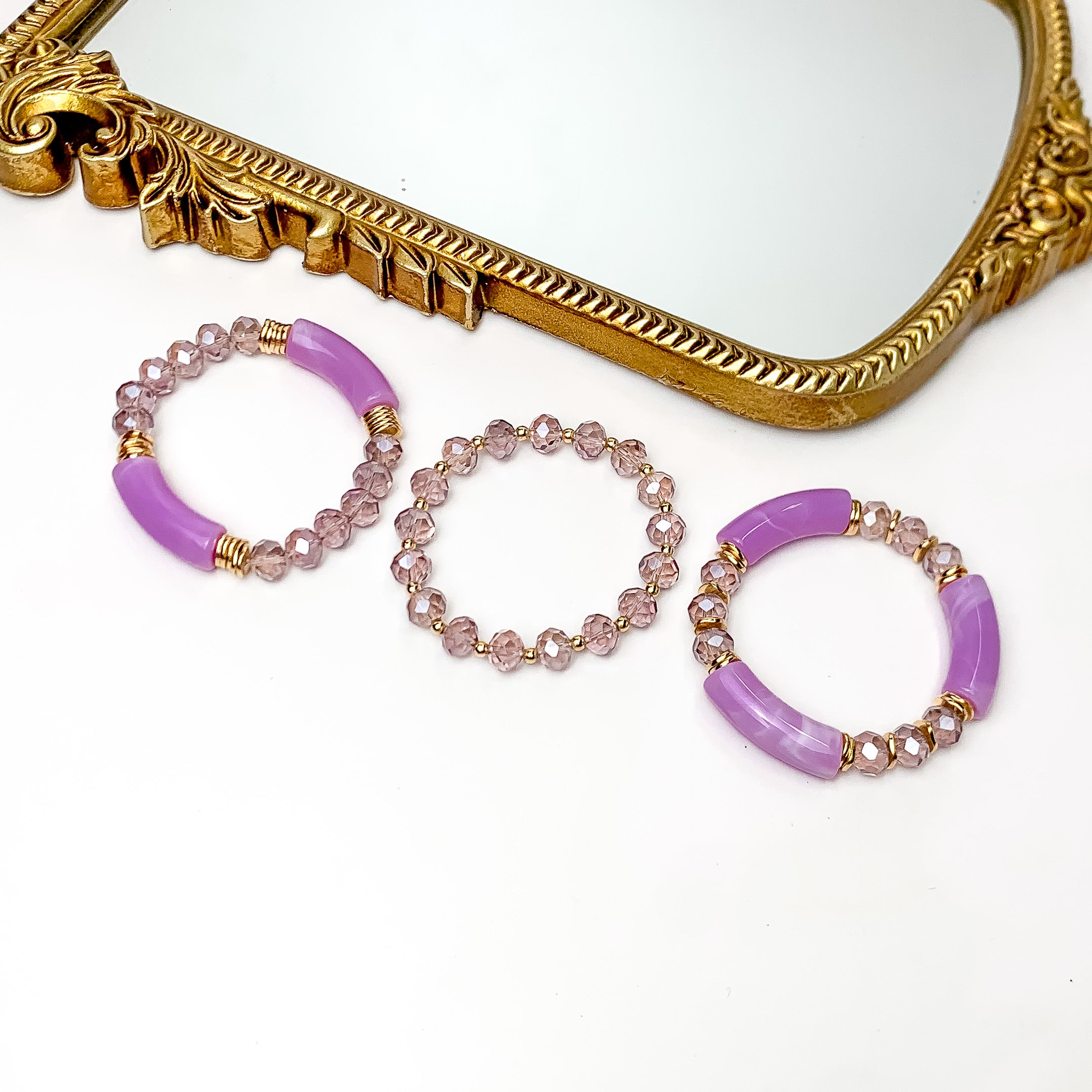 Set of Three | Sunny Bliss Crystal Beaded Bracelet Set in Purple - Giddy Up Glamour Boutique