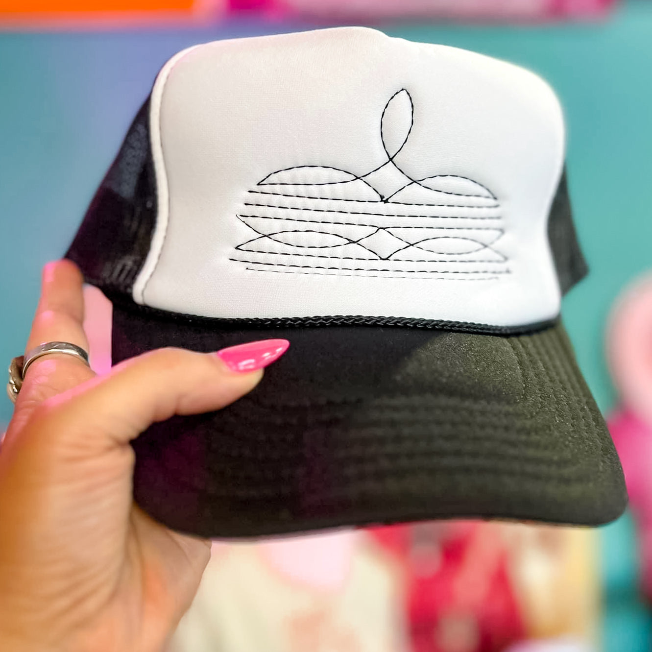 Online Exclusive | Black Boot Stitch Foam Trucker Cap in Black and White - Giddy Up Glamour Boutique