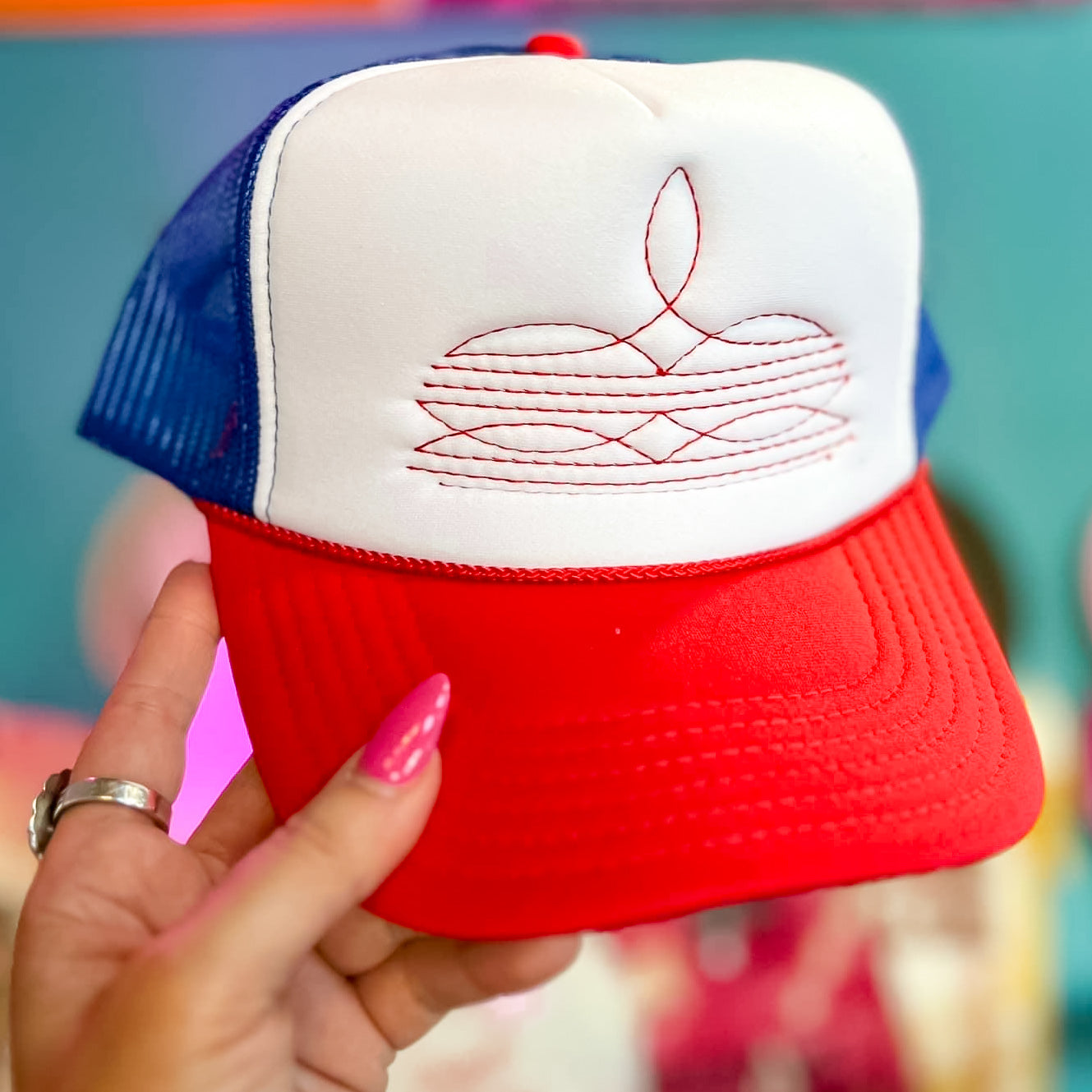 Online Exclusive | Red Boot Stitch Foam Trucker Cap in Red, White and Blue - Giddy Up Glamour Boutique