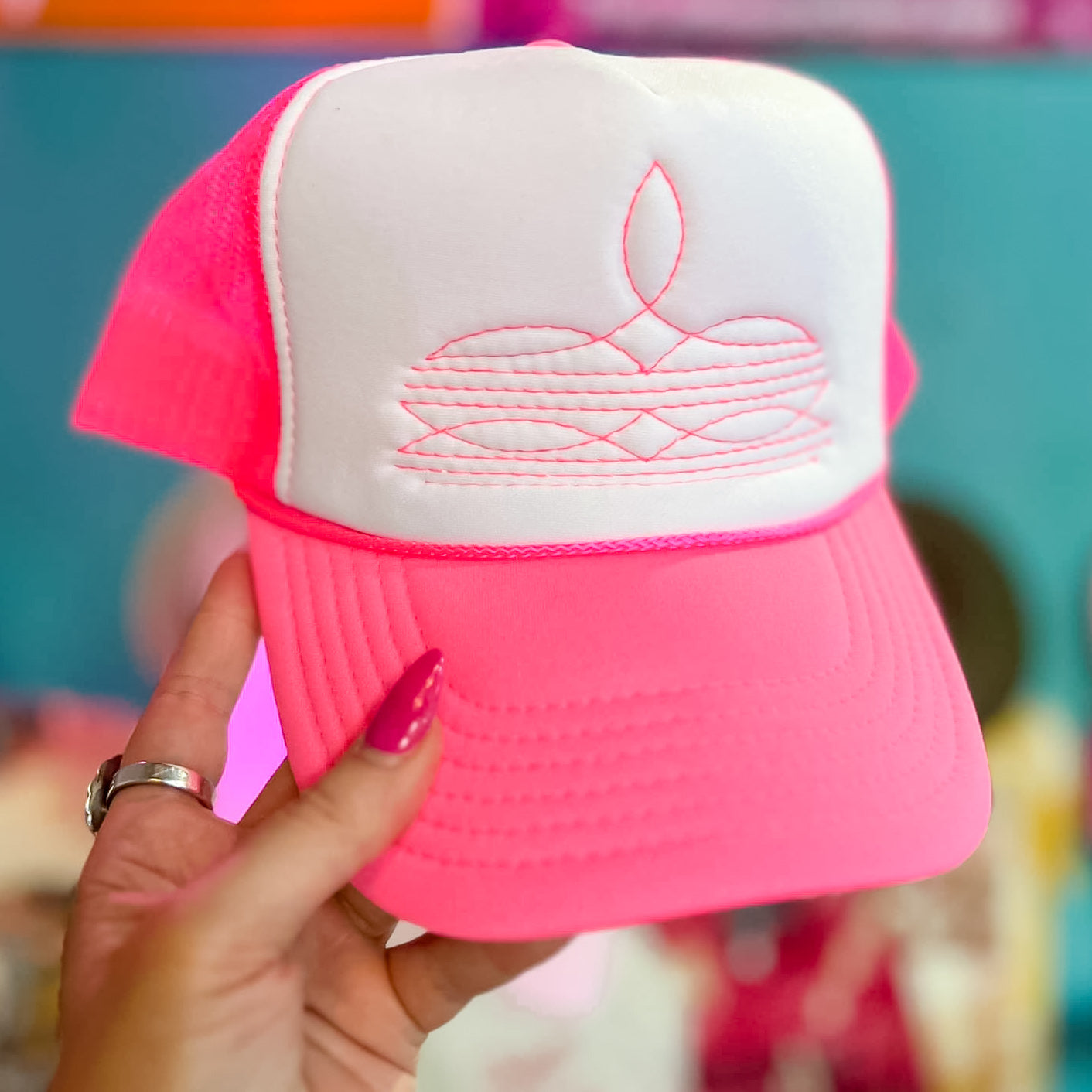 Online Exclusive | Hot Pink Boot Stitch Foam Trucker Cap in Hot Pink and White - Giddy Up Glamour Boutique