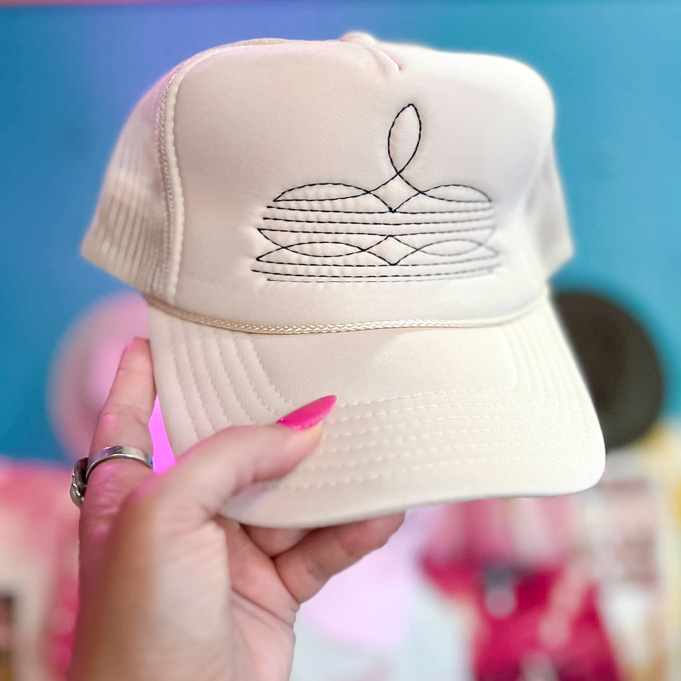 Online Exclusive | Black Boot Stitch Foam Trucker Cap in Solid Cream - Giddy Up Glamour Boutique
