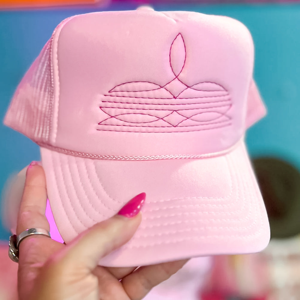 Online Exclusive | Fuchsia Pink Boot Stitch Foam Trucker Cap in Solid Baby Pink - Giddy Up Glamour Boutique