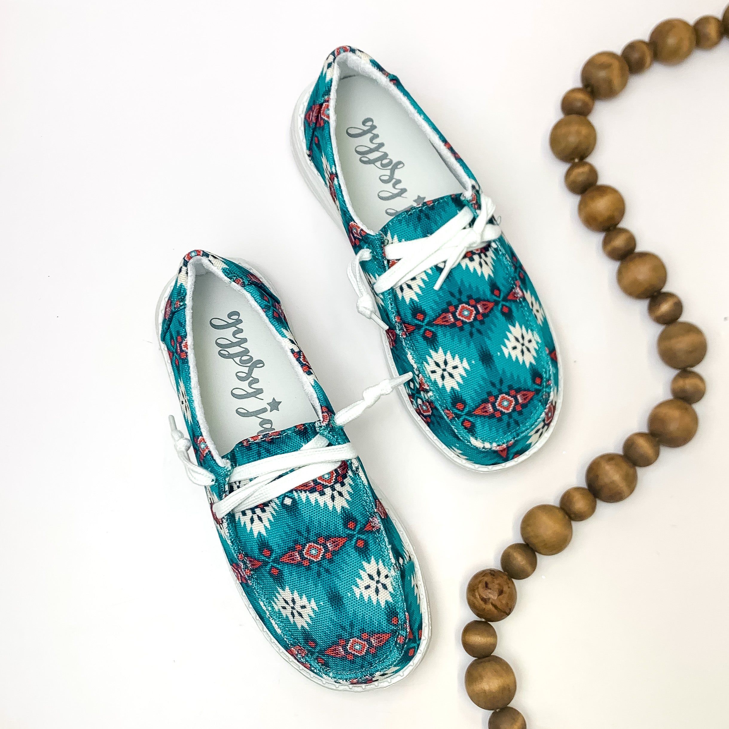 Very G | Have To Run Slip On Loafer with Laces in Turquoise Blue Aztec Print - Giddy Up Glamour Boutique