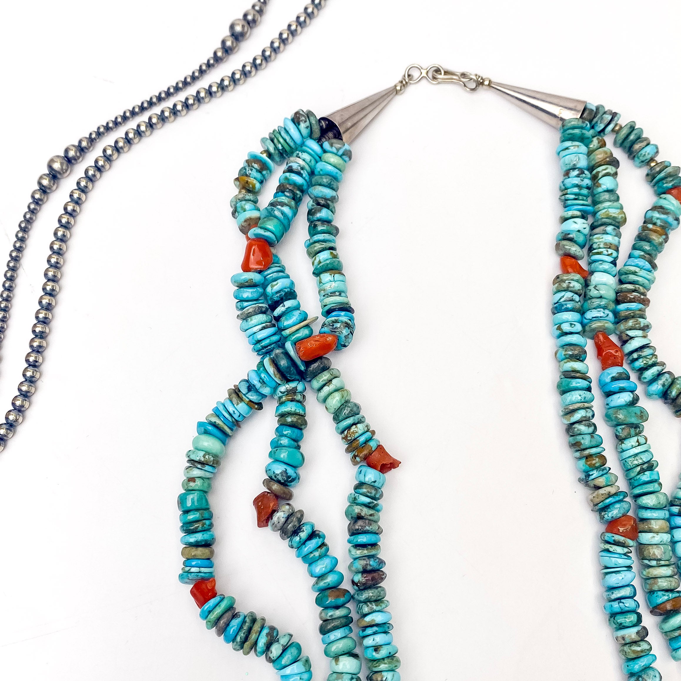 Navajo | Navajo Handmade Three Strand Necklace with Natural Turquoise and Coral Stones - Giddy Up Glamour Boutique
