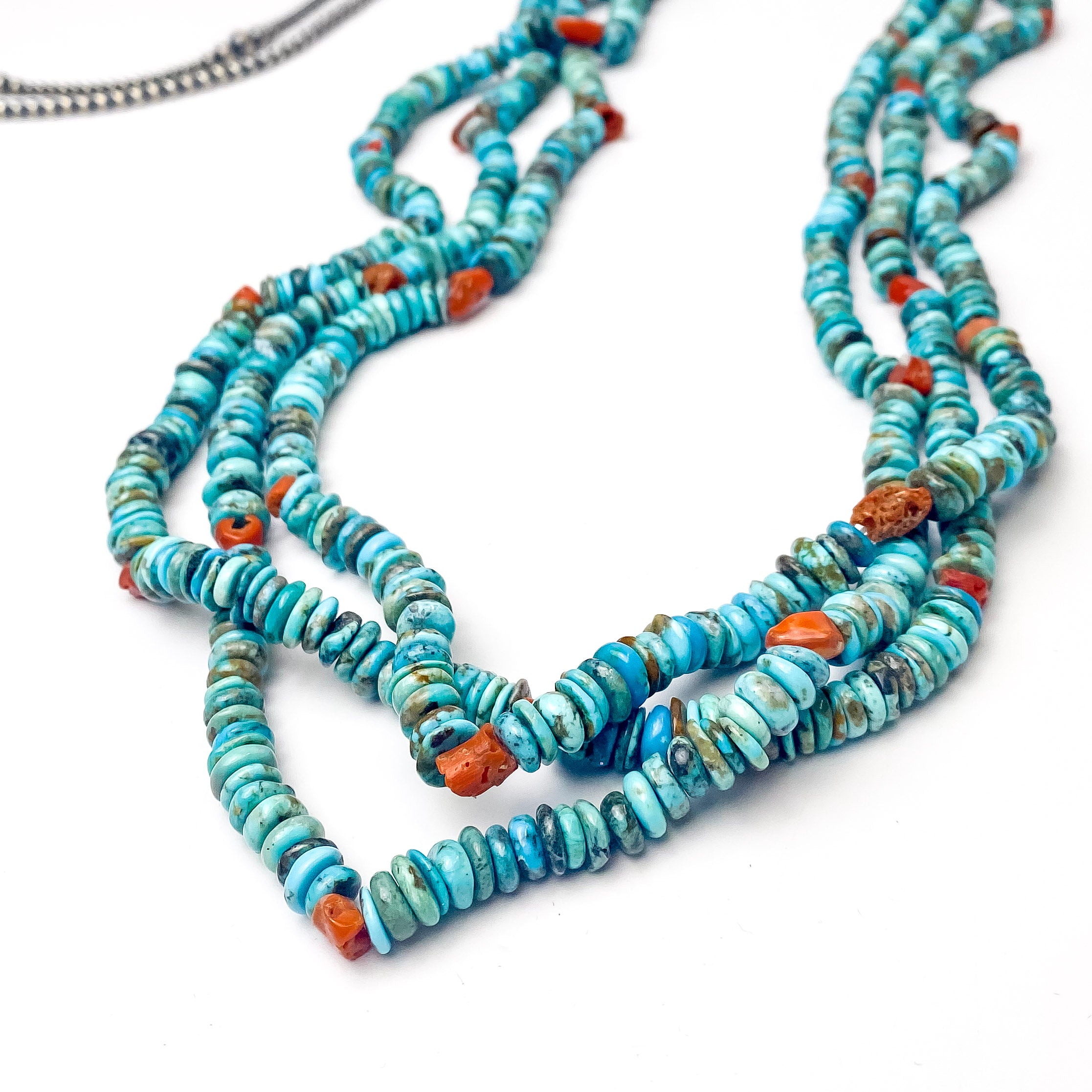 Navajo | Navajo Handmade Three Strand Necklace with Natural Turquoise and Coral Stones - Giddy Up Glamour Boutique