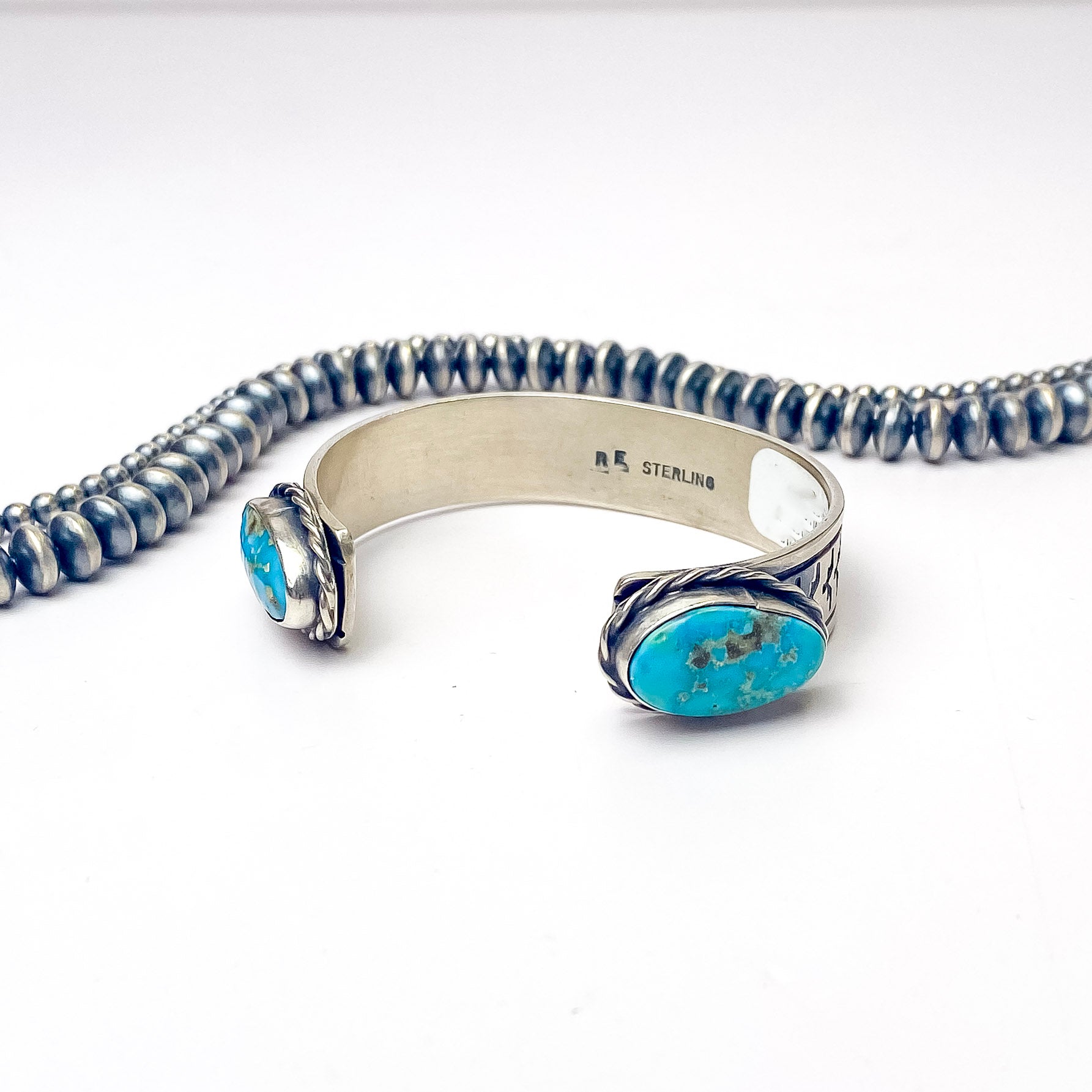 Rick Enriquez | Navajo Handmade Detailed Sterling Silver Open Cuff Bracelet with Blue Ridge Turquoise Stones - Giddy Up Glamour Boutique