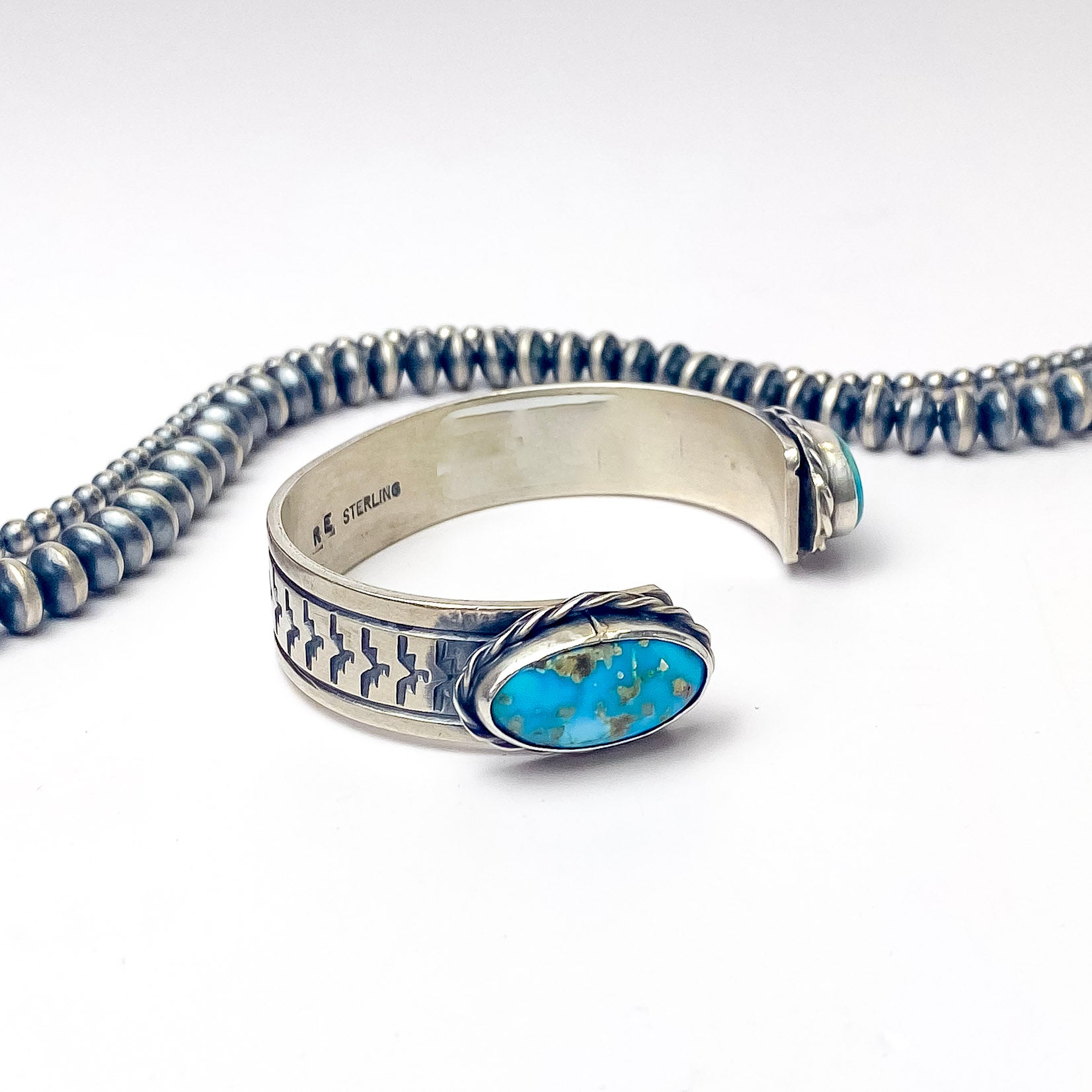 Rick Enriquez | Navajo Handmade Detailed Sterling Silver Open Cuff Bracelet with Blue Ridge Turquoise Stones - Giddy Up Glamour Boutique