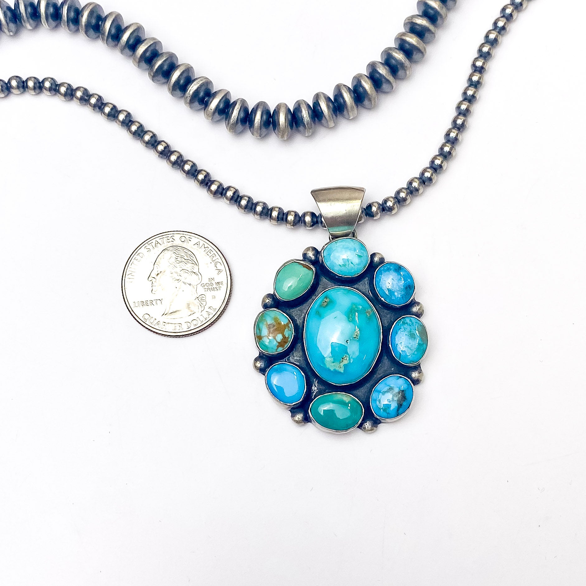 Augustine Largo | Navajo Handmade Sterling Silver Cluster Pendant with Kingman Turquoise Stone - Giddy Up Glamour Boutique