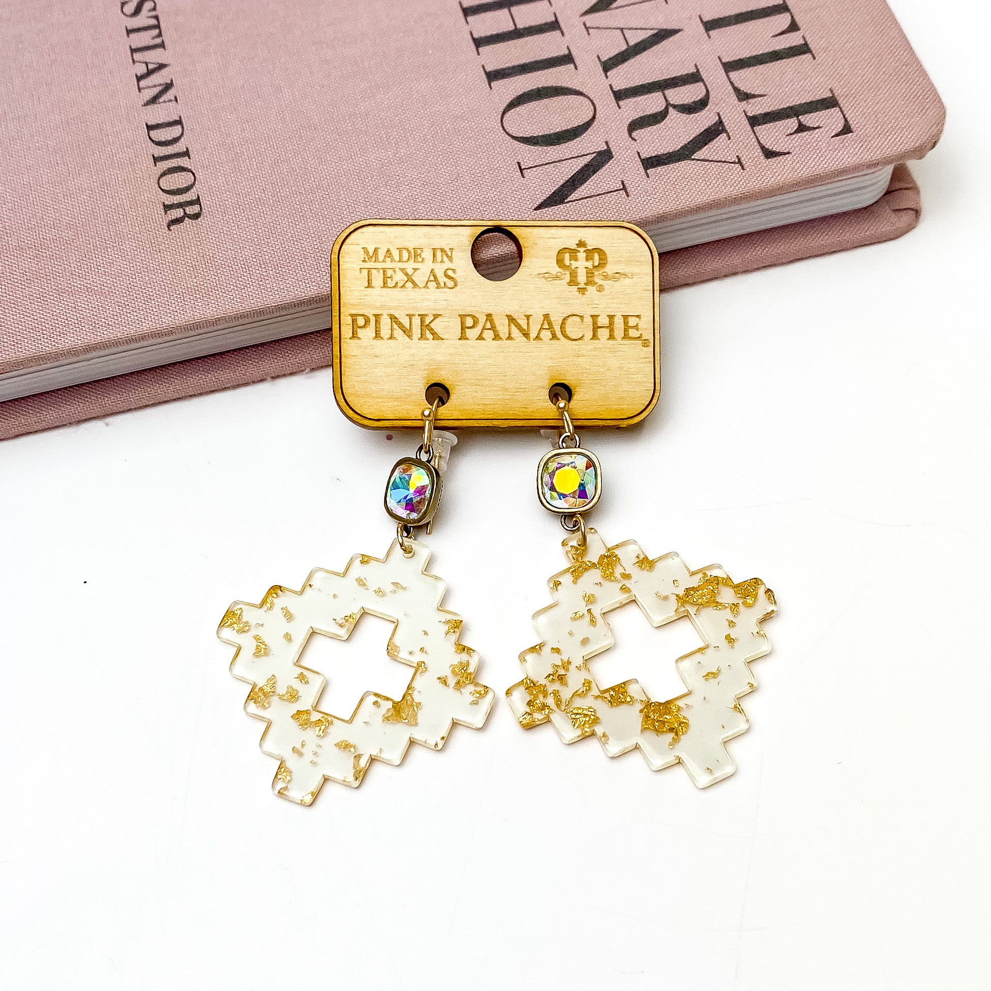 Pink Panache | AB Cushion Cut Drop Earrings with White and Gold Acrylic Pendant - Giddy Up Glamour Boutique