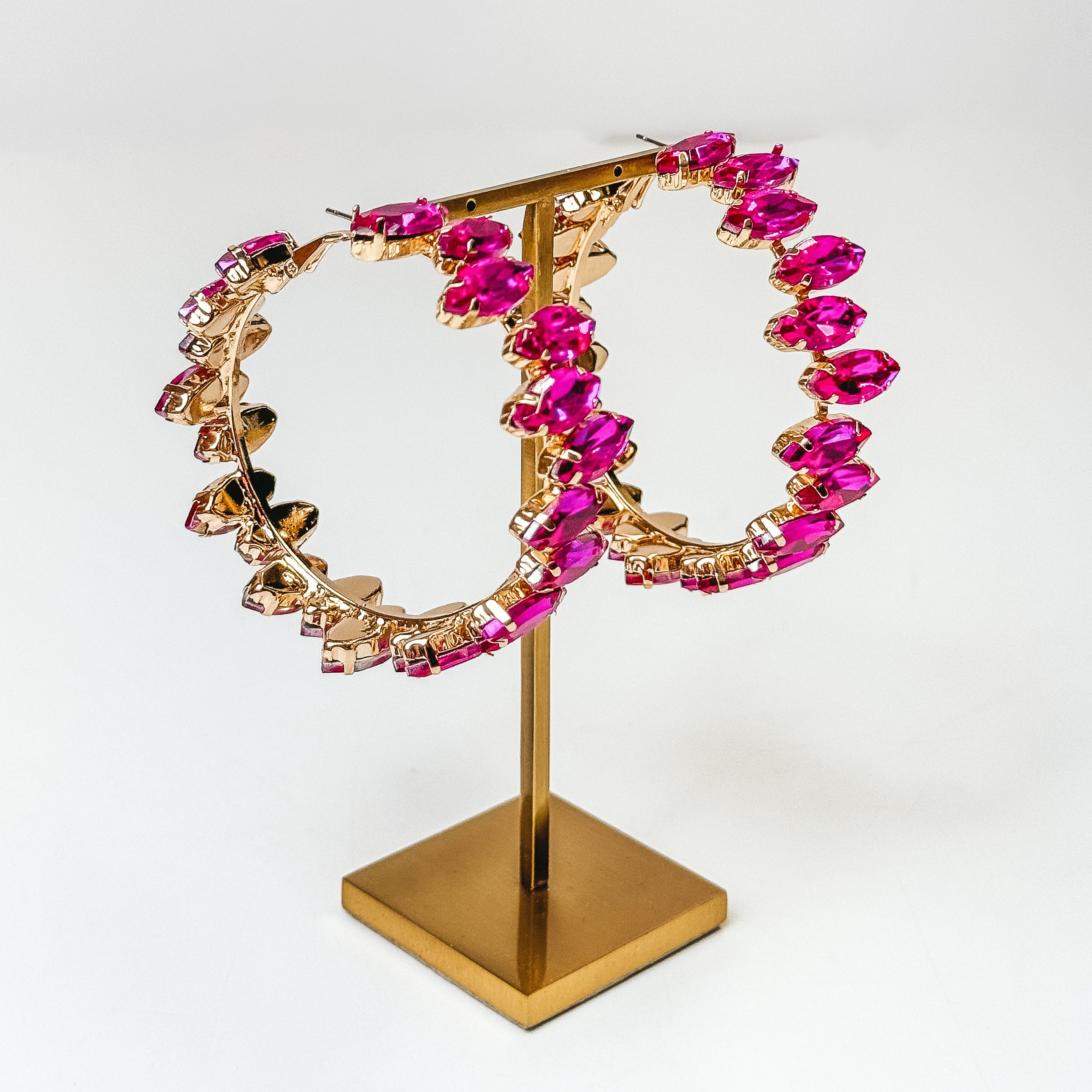 Pink Panache | Gold Tone Rhinestone Hoop Earrings in Fuchsia Pink - Giddy Up Glamour Boutique