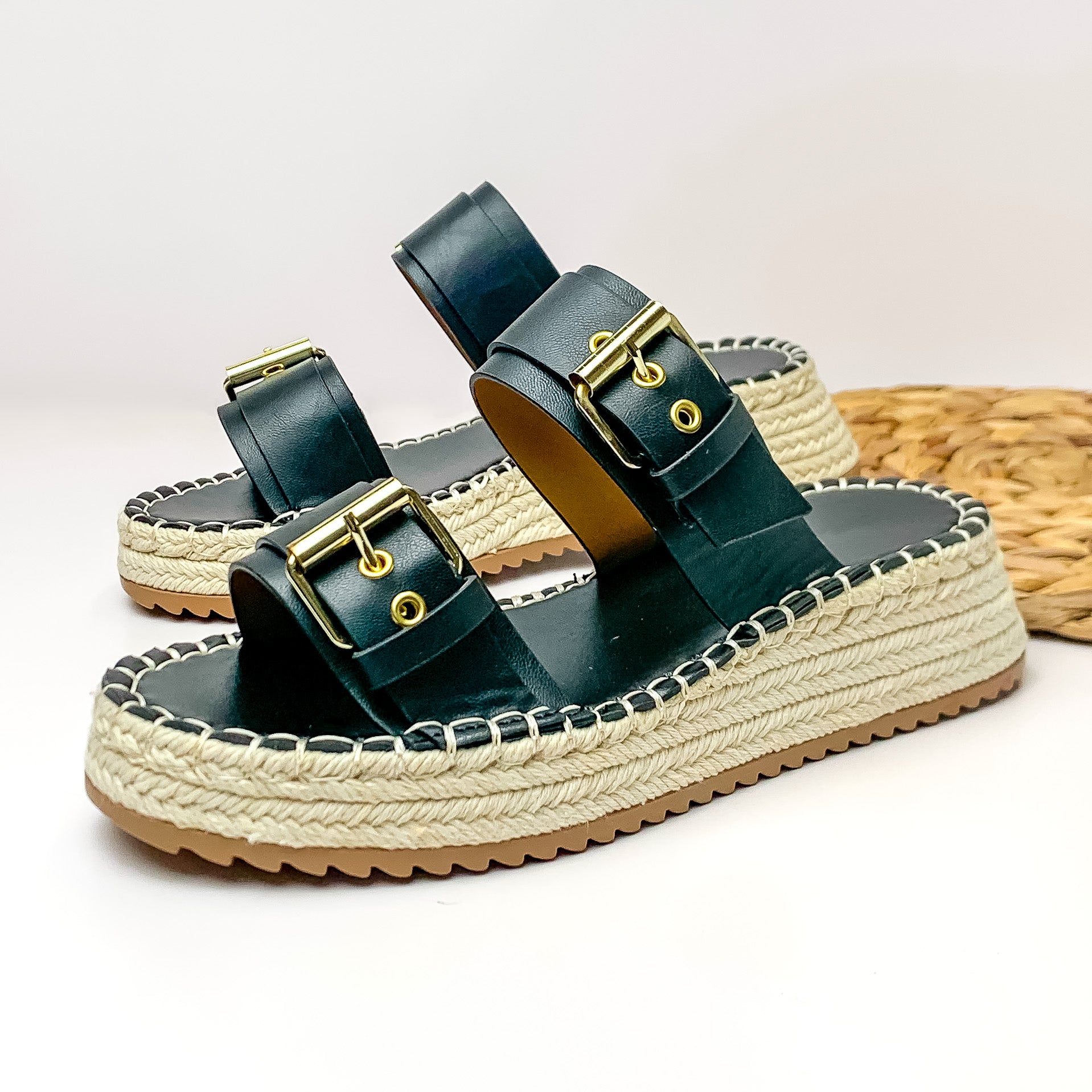 Yacht Trip Two Strap Slide On Espadrille Platform Sandals with Gold Buckles in Black - Giddy Up Glamour Boutique