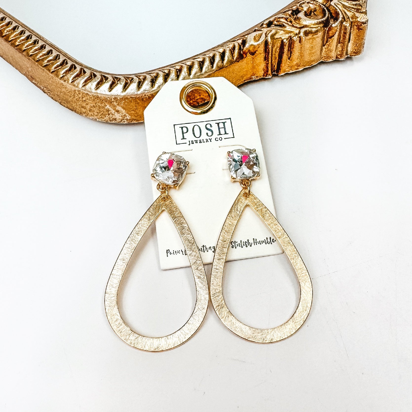 Pink Panache | Crystal Post Brushed Metal Teardrop Earrings in Gold - Giddy Up Glamour Boutique