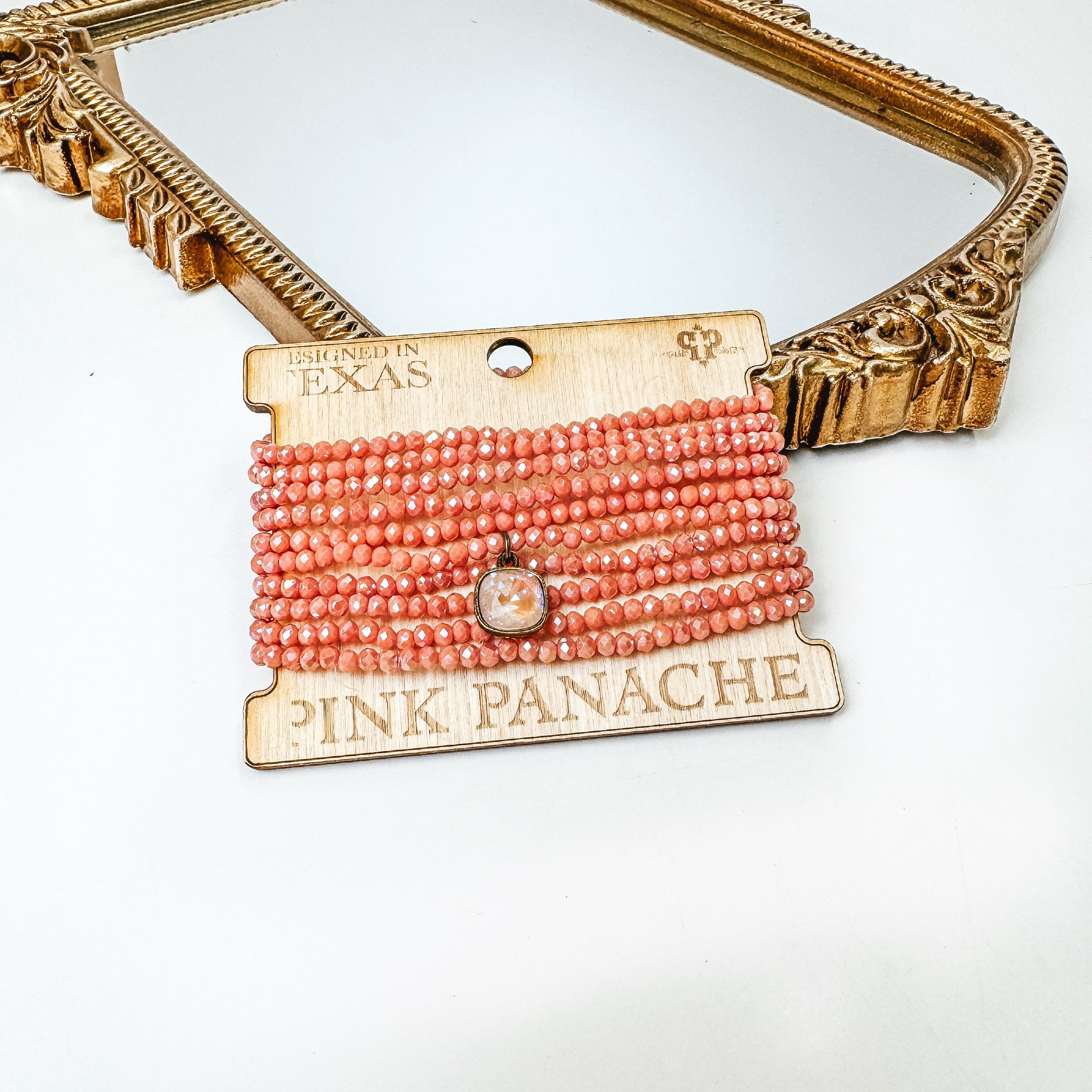 Pink Panache | Crystal Beaded Bracelet Set With Cushion Cut AB Crystal in Coral Pink - Giddy Up Glamour Boutique