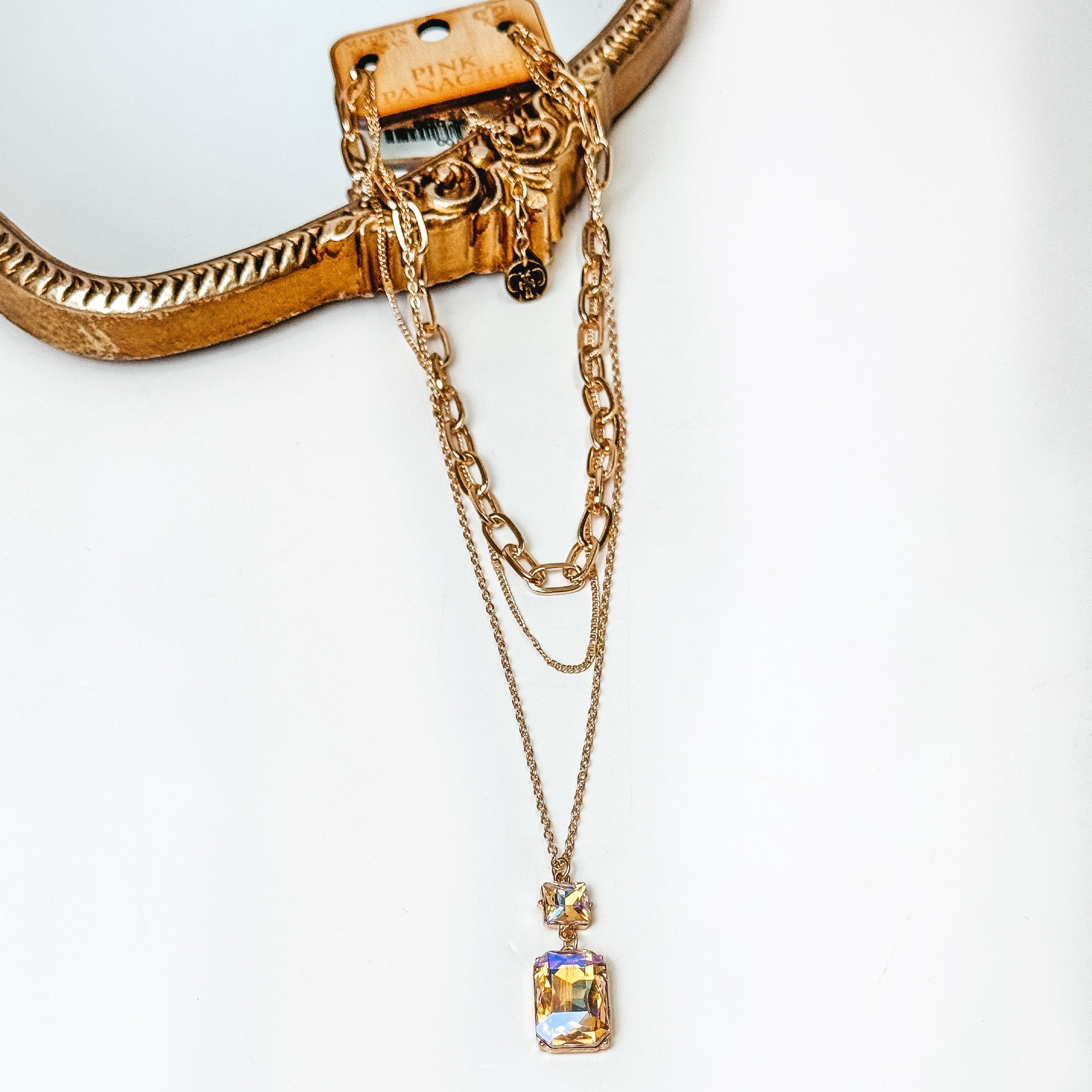 Pink Panache | 3 Strand Gold Tone Chain Necklace with Rose AB Square and Rectangle Pendant - Giddy Up Glamour Boutique