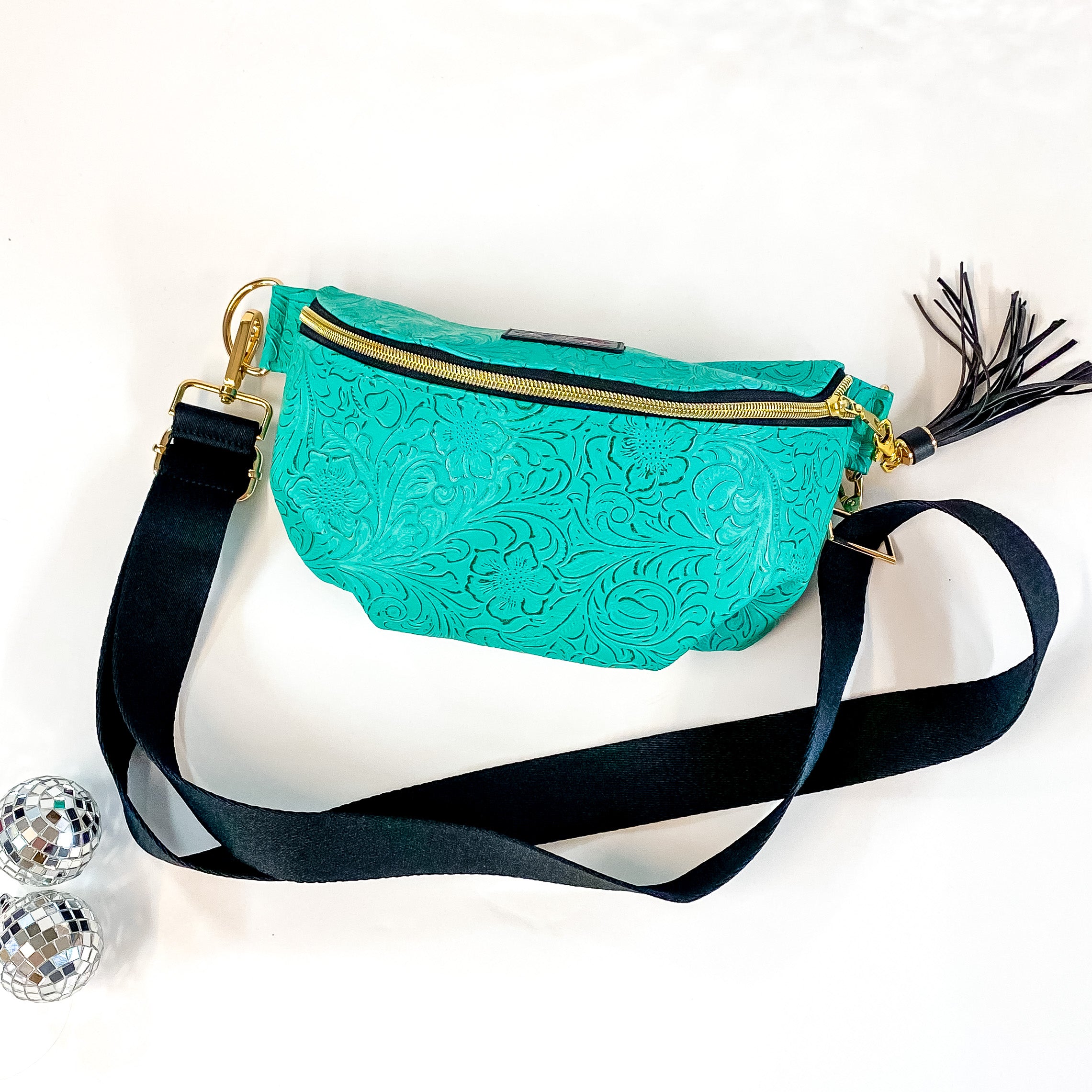 Makeup Junkie | Turquoise Dream Sidekick with Back Zipper in Turquoise Green Tooled Print - Giddy Up Glamour Boutique