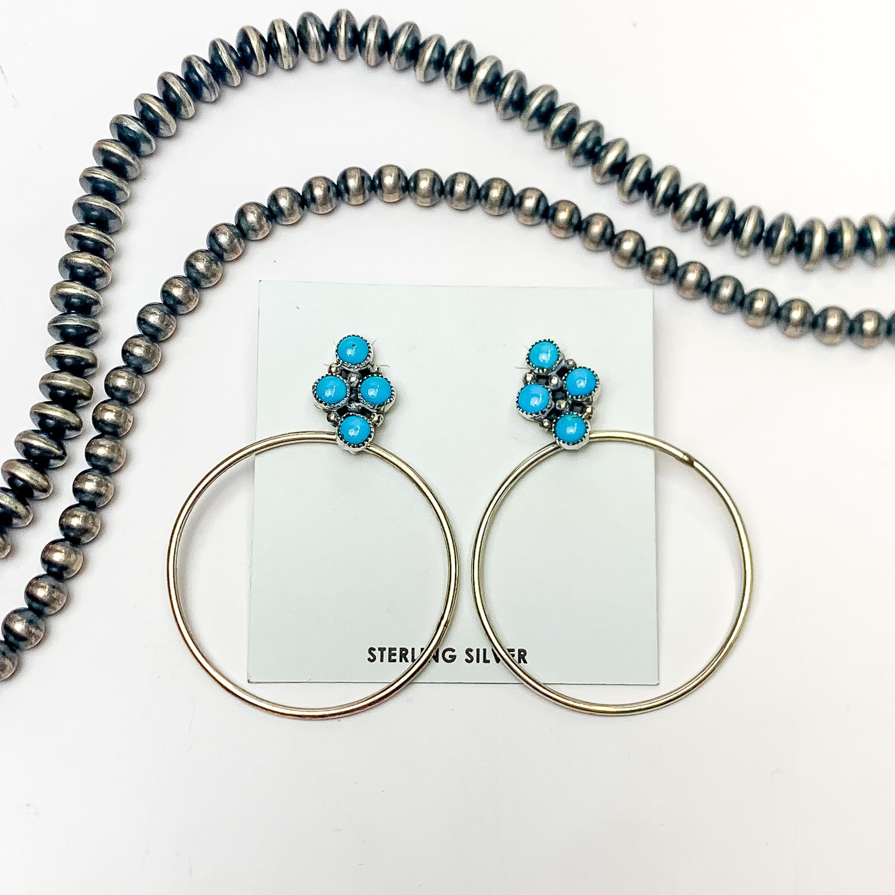 Anthony Skeets | Navajo Handmade Sterling Silver Hoop Earrings with Four Stone Sleeping Beauty Turquoise Cluster Studs - Giddy Up Glamour Boutique