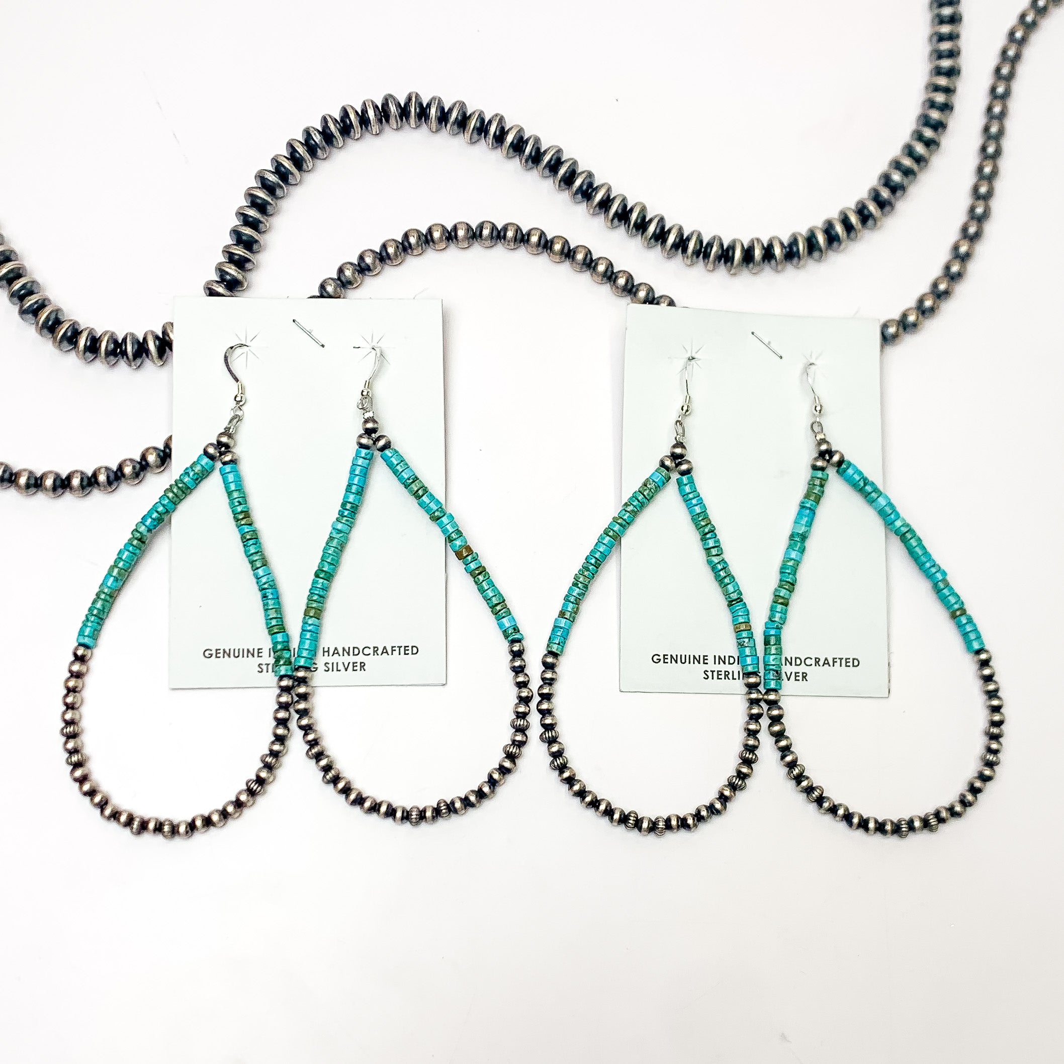 Navajo | Navajo Handmade Turquoise Beaded Teardrop Earrings with Sterling Silver Navajo Pearls - Giddy Up Glamour Boutique