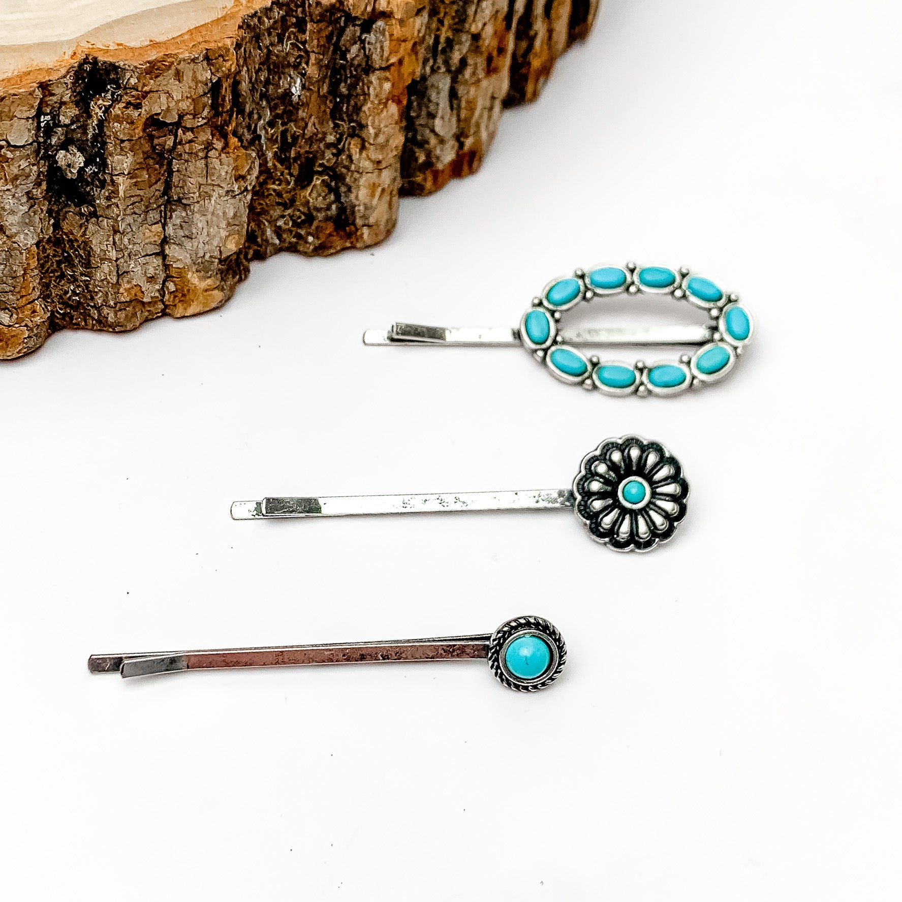 Set of Three | Western Open Oval Pendant with Faux Turquoise Stone Hair Pins in Silver Tone - Giddy Up Glamour Boutique