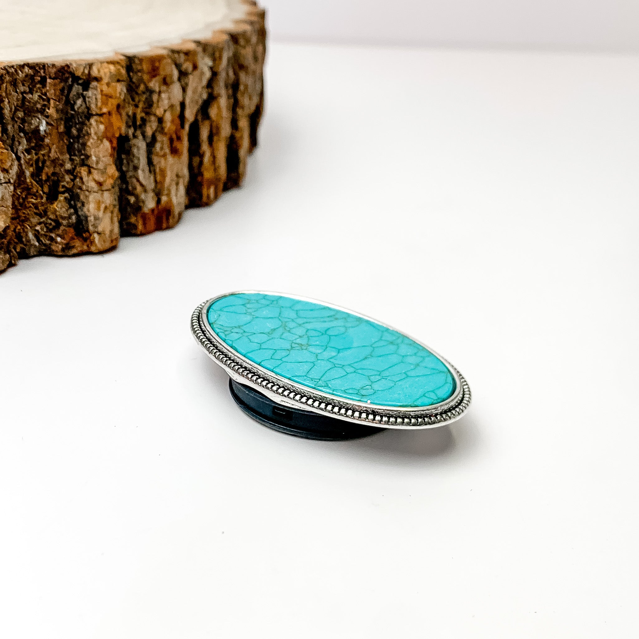 Turquoise Stone With Silver Tone Trim Oval Phone Grip - Giddy Up Glamour Boutique