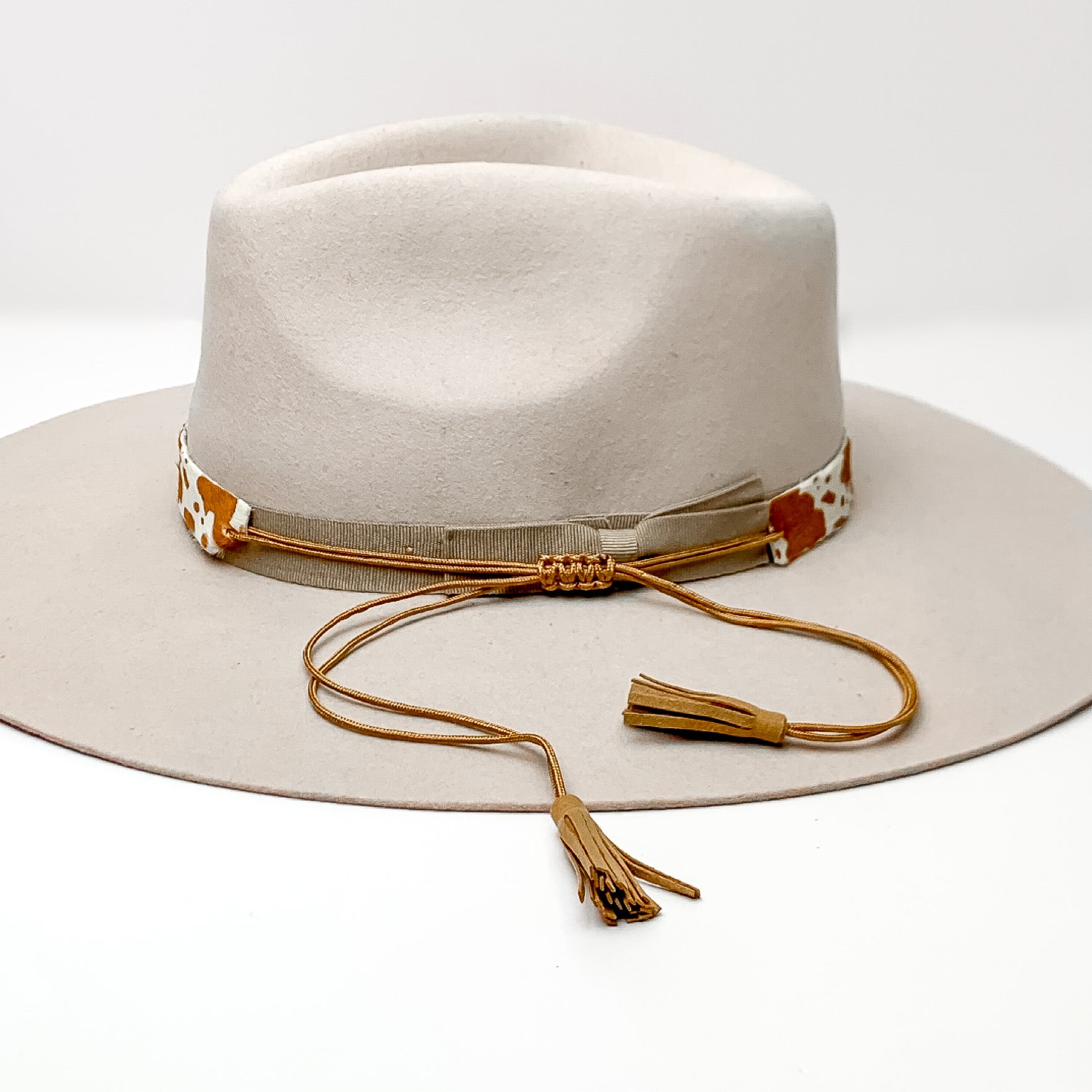 Cow Print Hat Band with Faux Turquoise Charm in Brown, and Ivory - Giddy Up Glamour Boutique