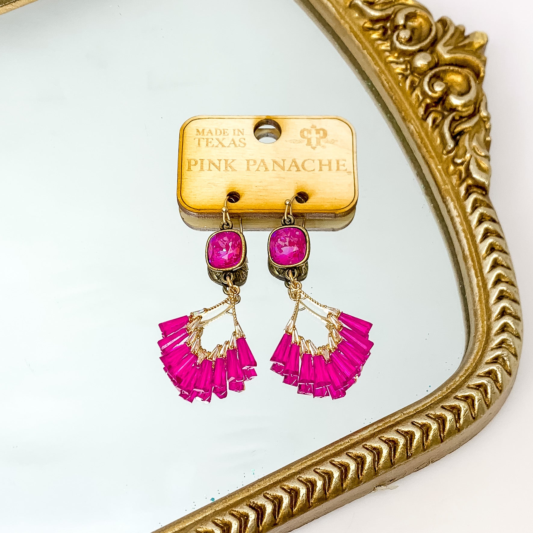 Pink Panache | Royal Red Delight Cushion Cut Drop Earrings with Gold Tone Diamond Pendant and Fuchsia Pink Beads - Giddy Up Glamour Boutique