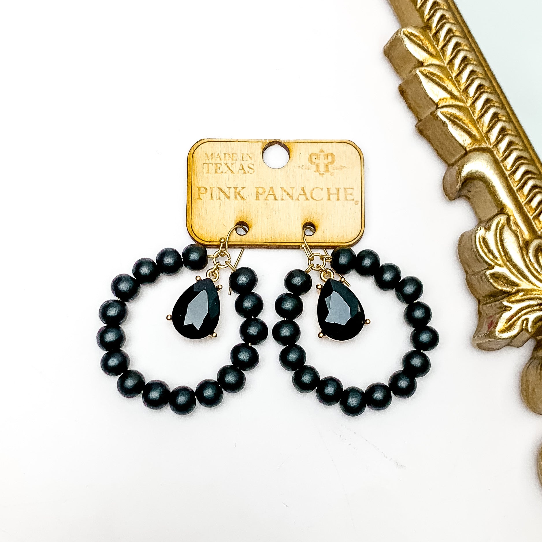Pink Panache | Black Beaded Circle Drop Earrings with Black Teardrop Crystal Drop - Giddy Up Glamour Boutique