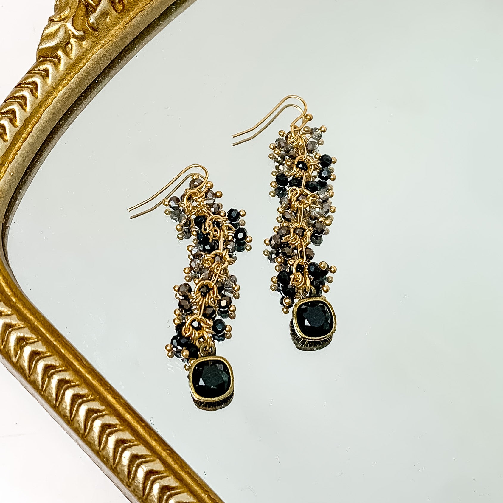 Pink Panache | Black Crystal Beaded Drop Earrings with Black Cushion Cut Crystal - Giddy Up Glamour Boutique
