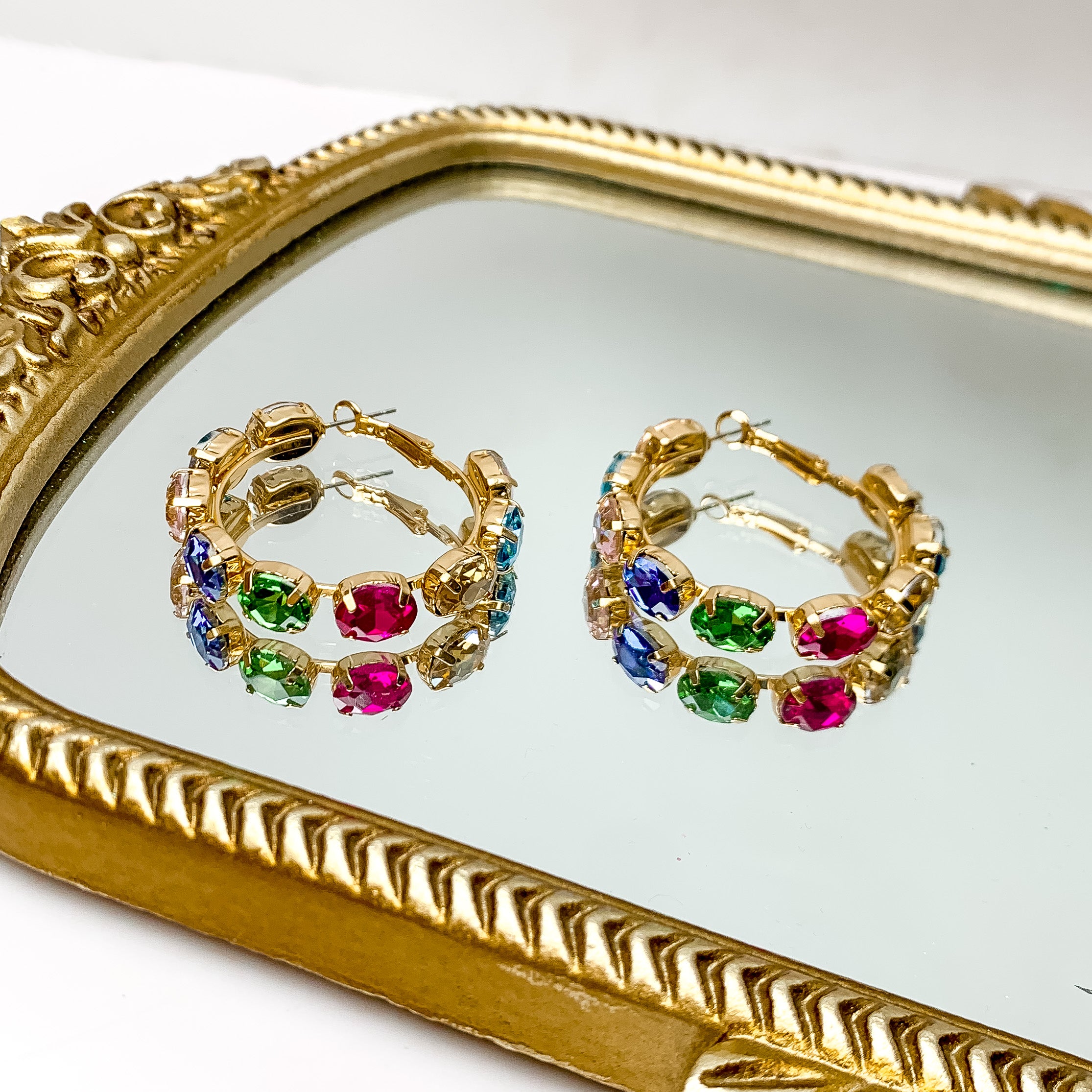 Pink Panache | Multicolor Oval Crystal Hoop Earrings - Giddy Up Glamour Boutique