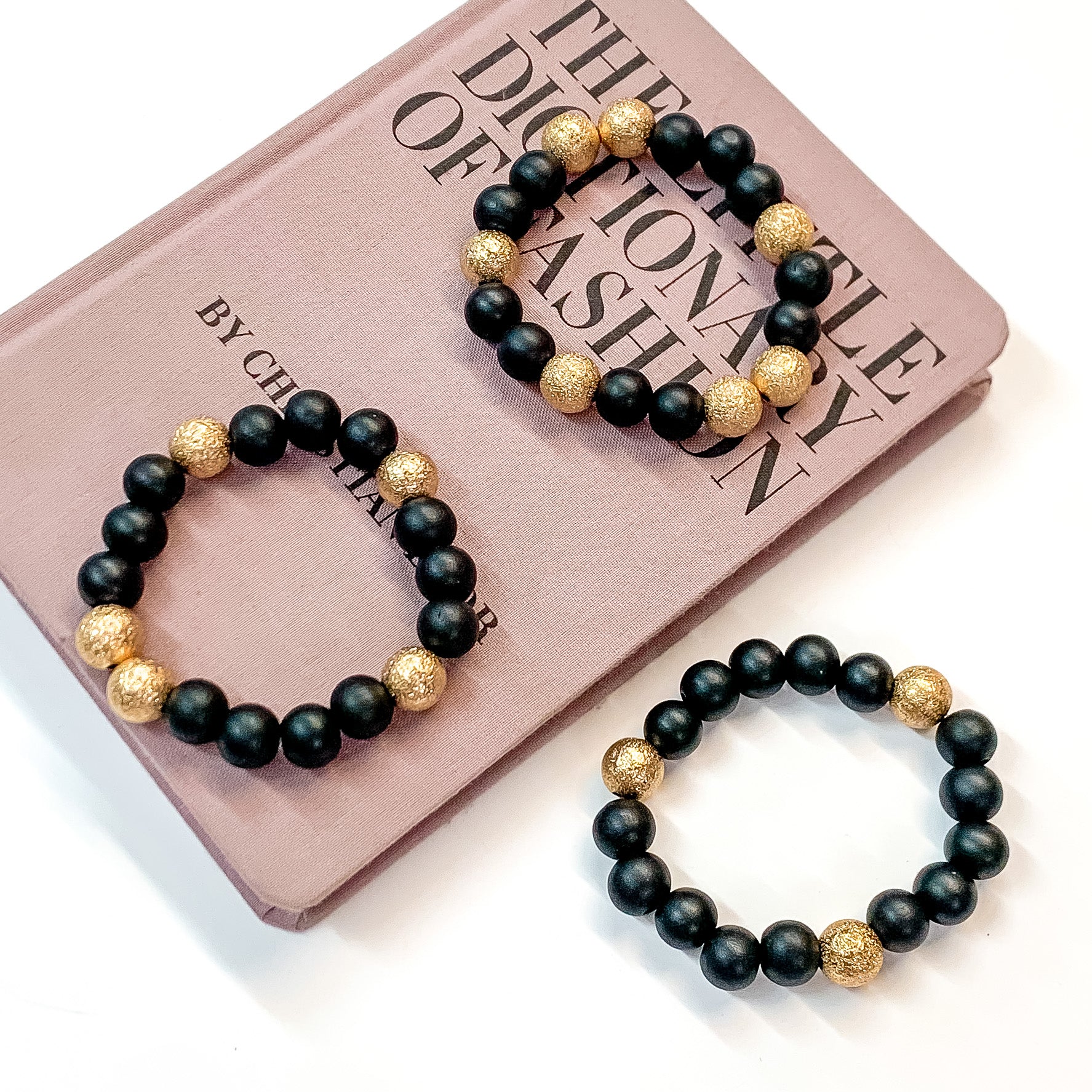 Set of Three | Making Joy Beaded Bracelets with Gold Tone Spacers in Black - Giddy Up Glamour Boutique