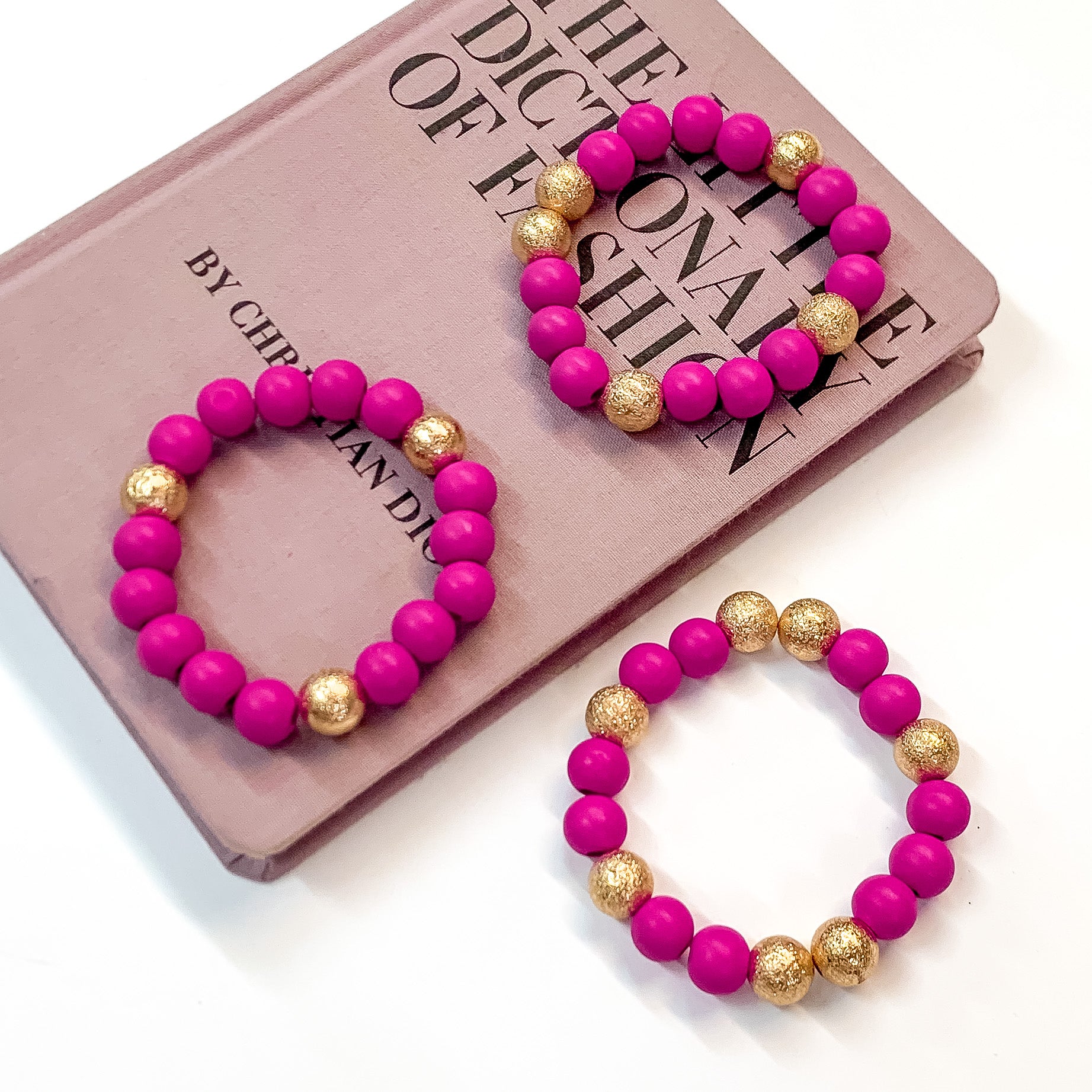 Set of Three | Making Joy Beaded Bracelets with Gold Tone Spacers in Fuchsia Pink - Giddy Up Glamour Boutique