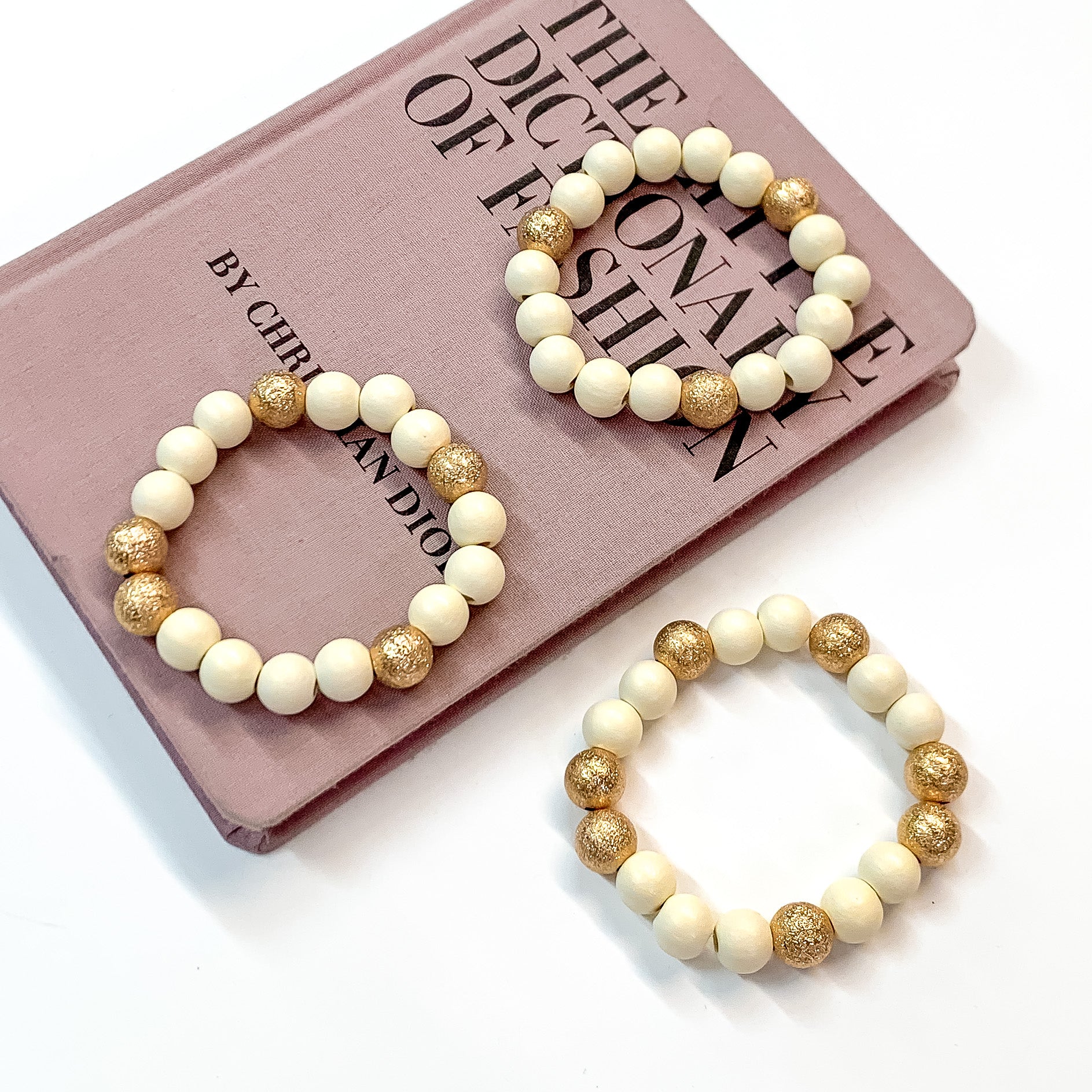 Set of Three | Making Joy Beaded Bracelets with Gold Tone Spacers in Ivory - Giddy Up Glamour Boutique