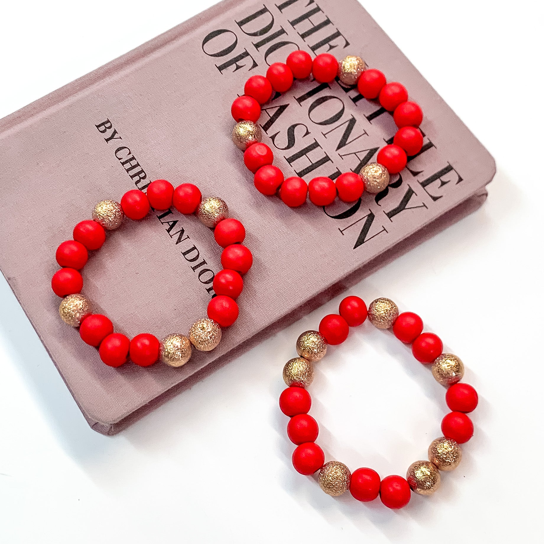 Set of Three | Making Joy Beaded Bracelets with Gold Tone Spacers in Red - Giddy Up Glamour Boutique
