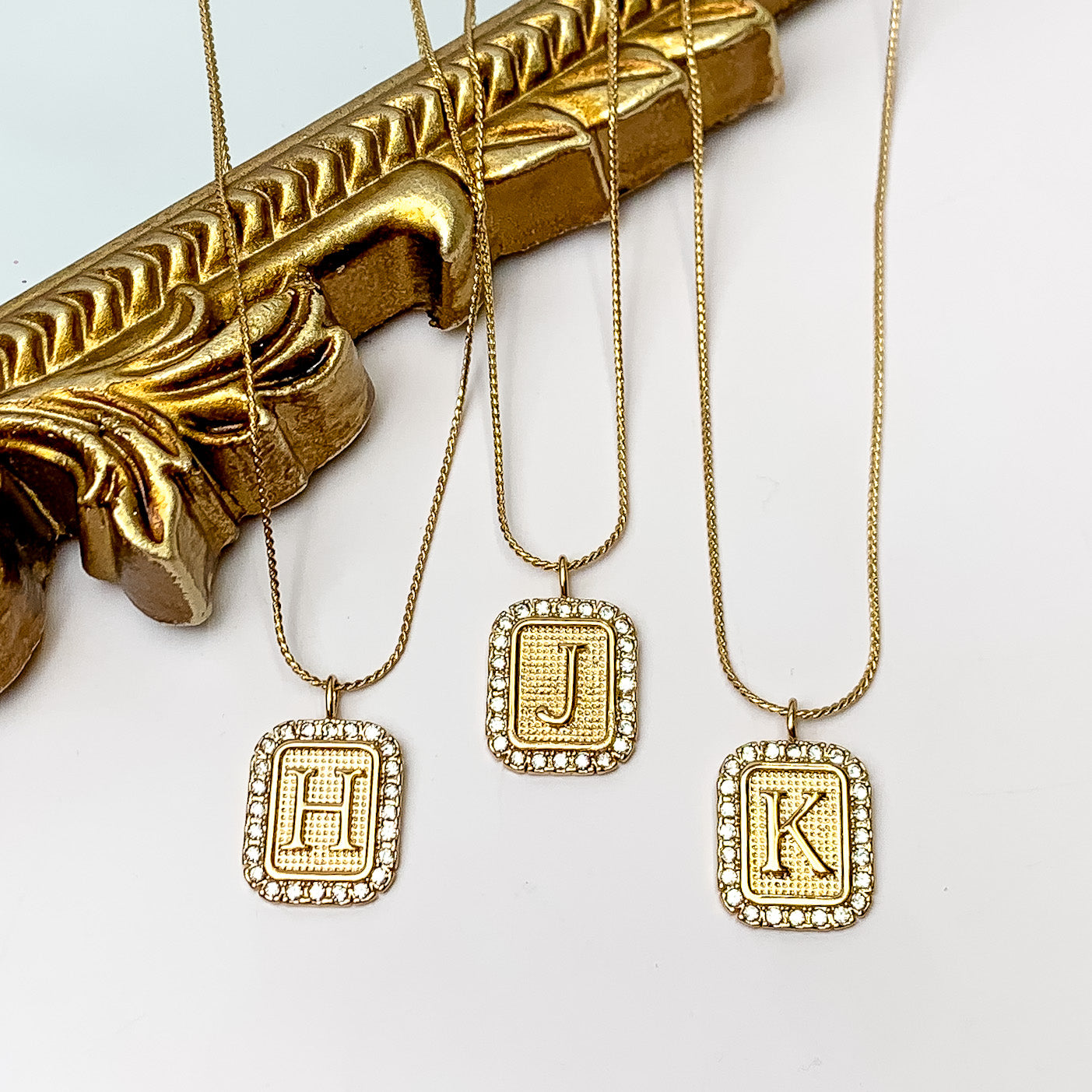 Gold Tone Chain Necklace with Rectangle Initial Pendant Outlined in Clear Crystals - Giddy Up Glamour Boutique