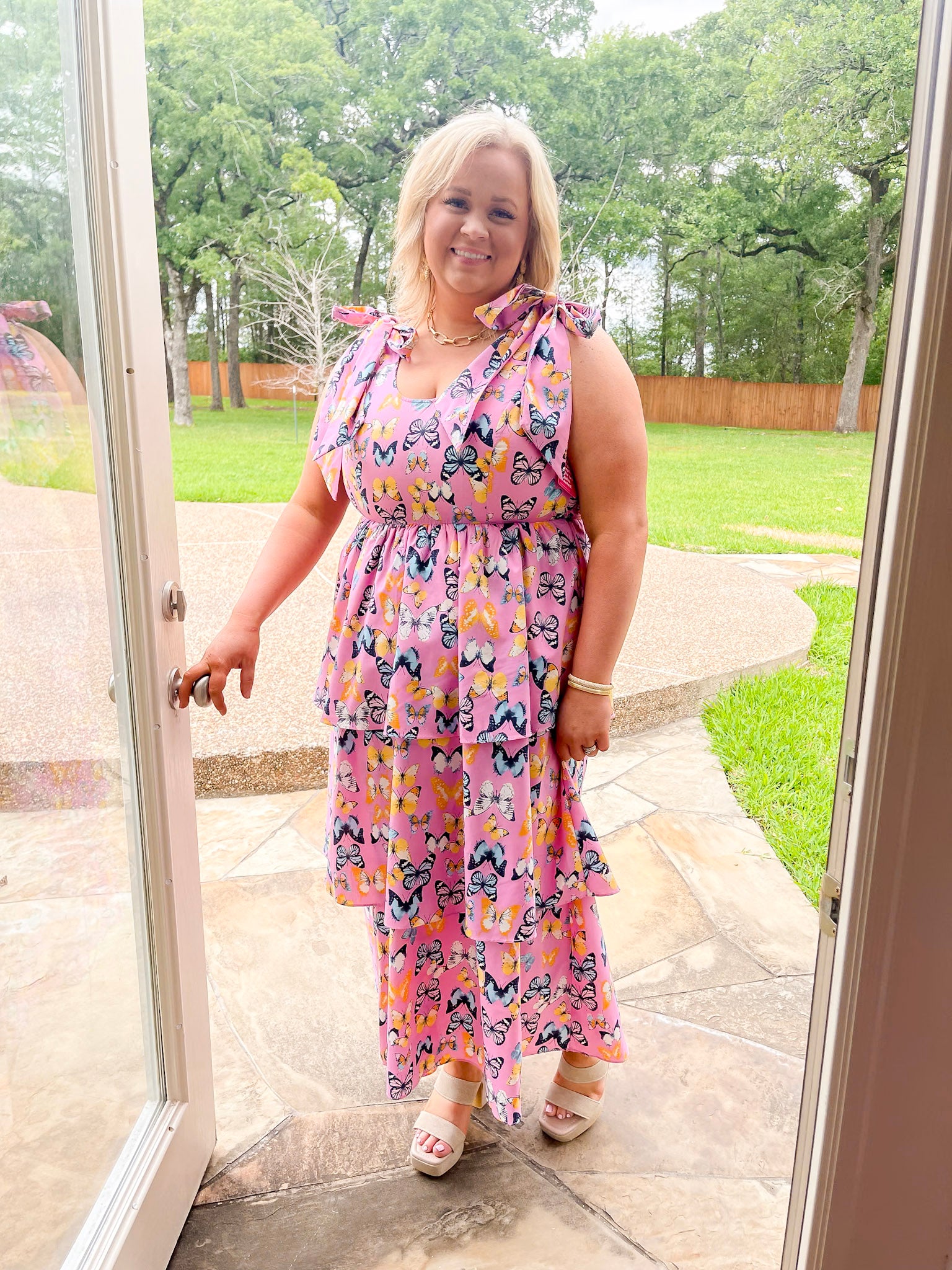 BuddyLove | Drew Tiered Midi Dress in Feelin' Butterflies Pink
