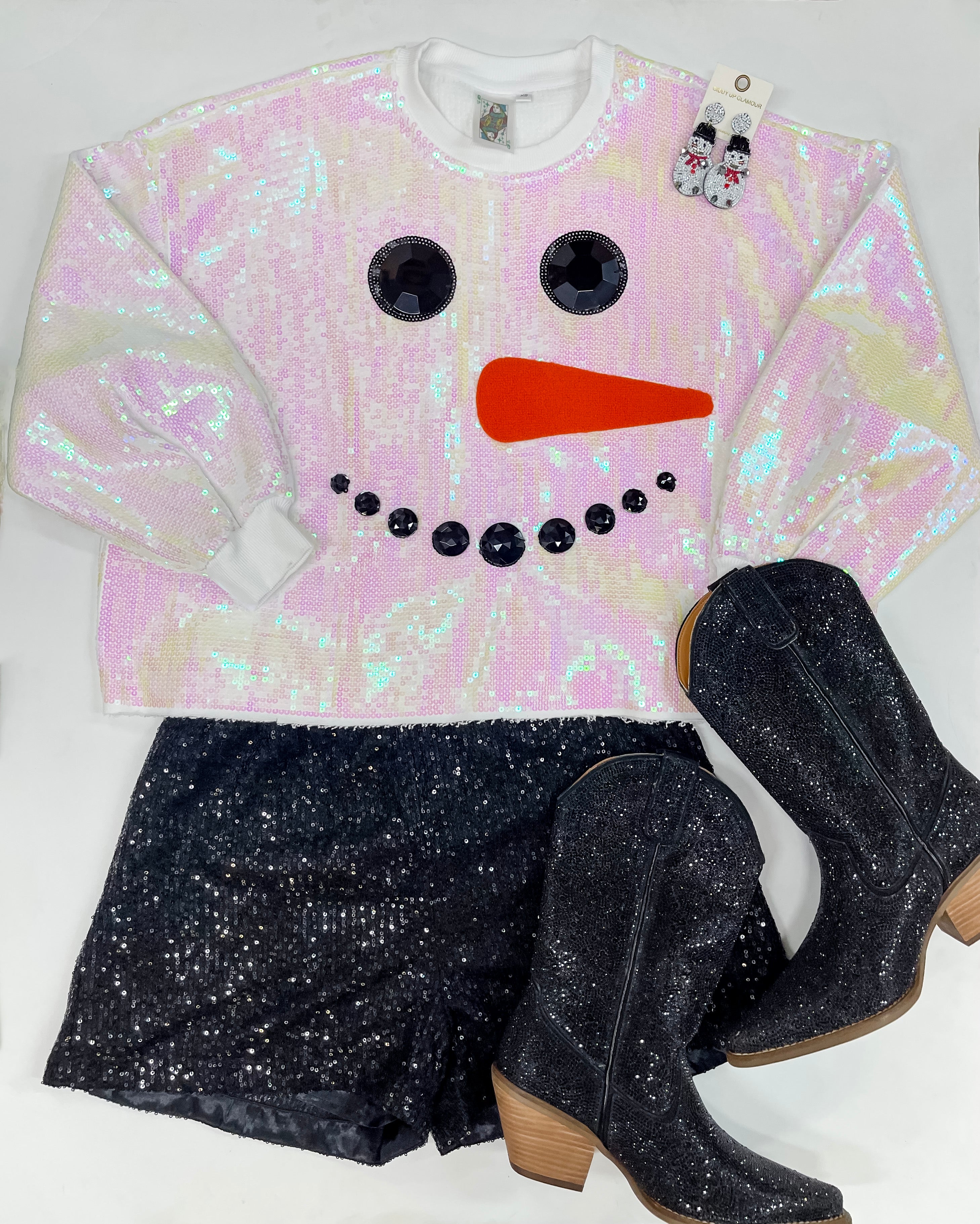 Queen Of Sparkles |  Snowman Face Sequin Sweater in White - Giddy Up Glamour Boutique