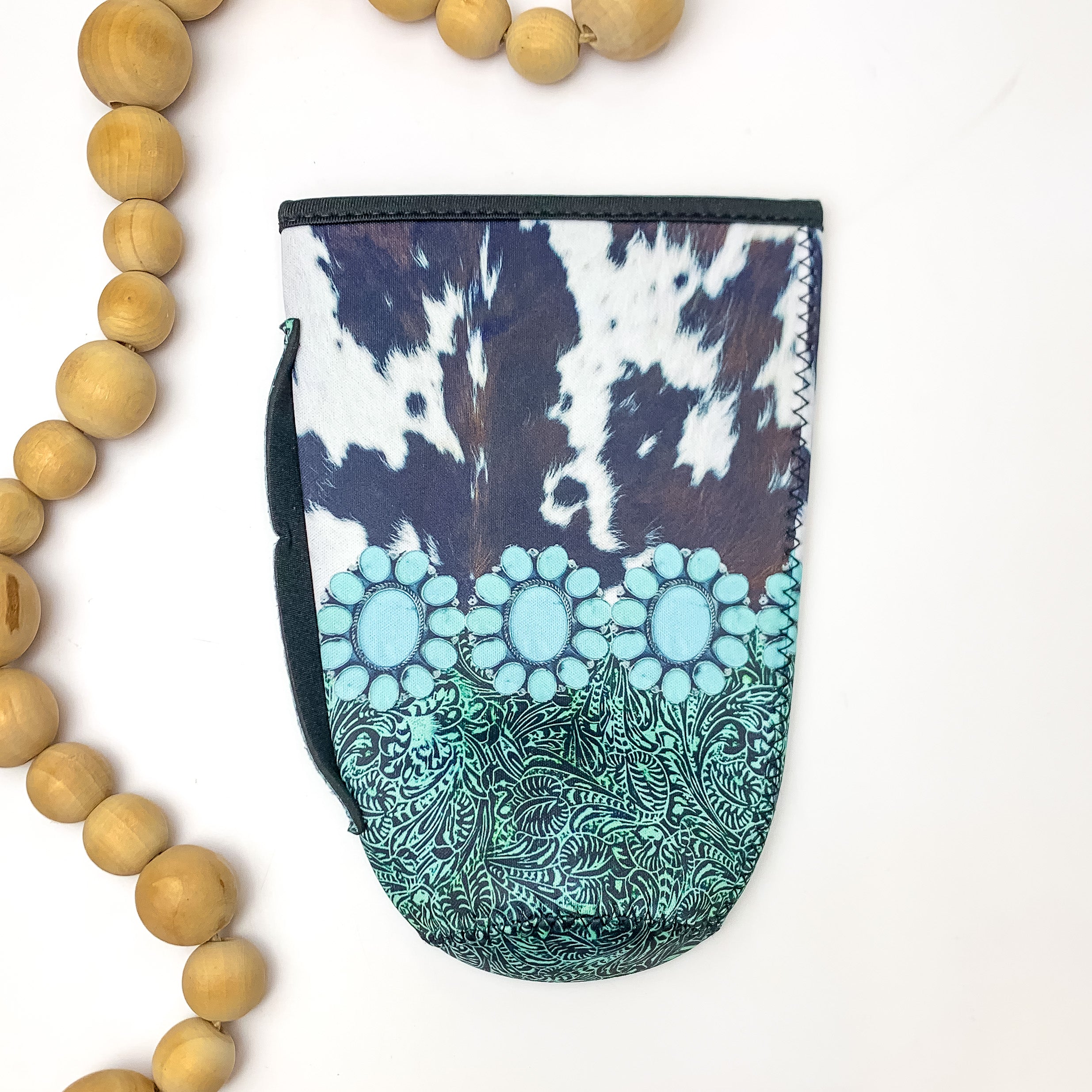 Cow Print Tumbler Drink Sleeve With Turquoise Designs - Giddy Up Glamour Boutique