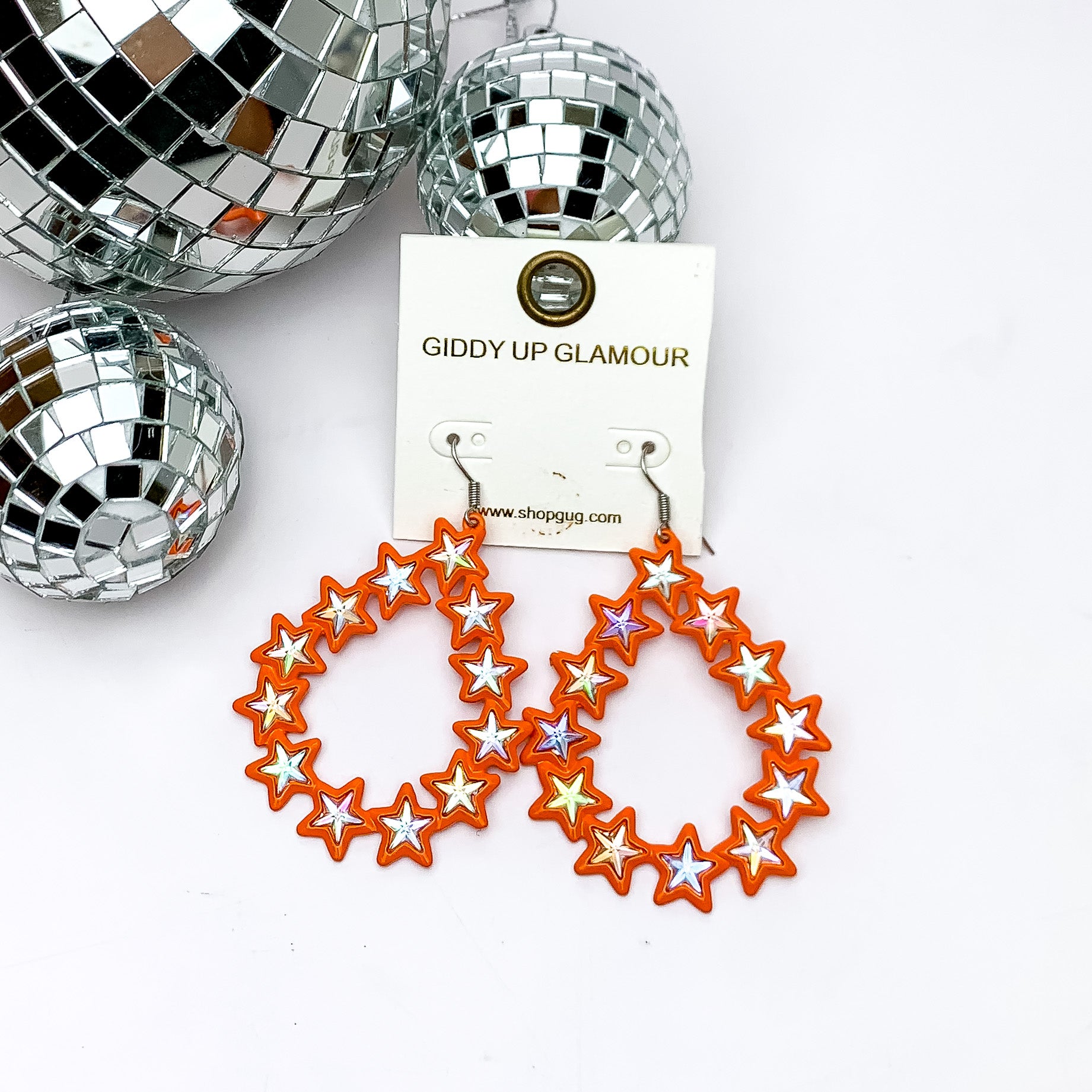 Star Linked Teardrop Earrings with AB Crystals in Orange - Giddy Up Glamour Boutique