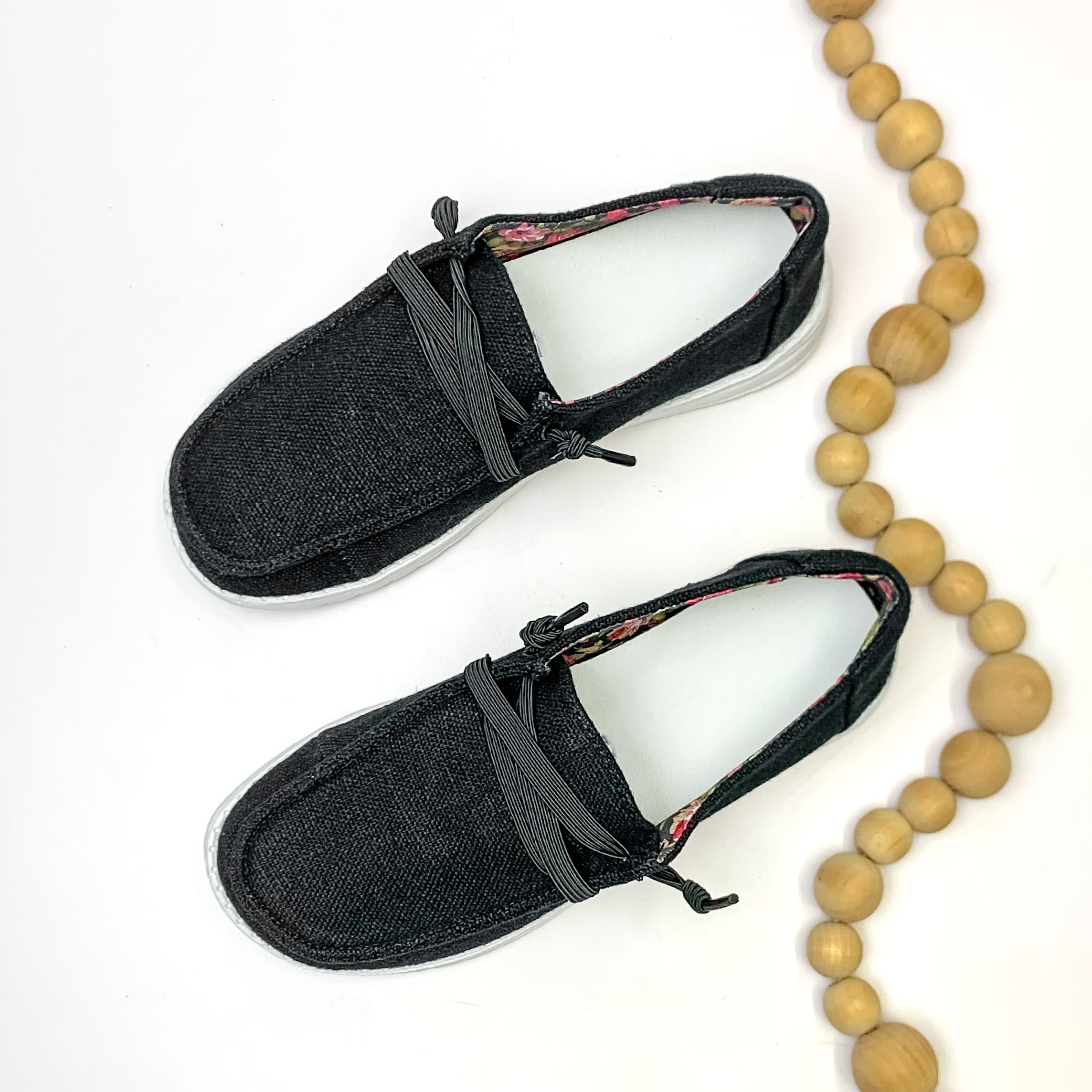 Very G | Have To Run Slip On Loafers with Black Laces in Black Canvas - Giddy Up Glamour Boutique