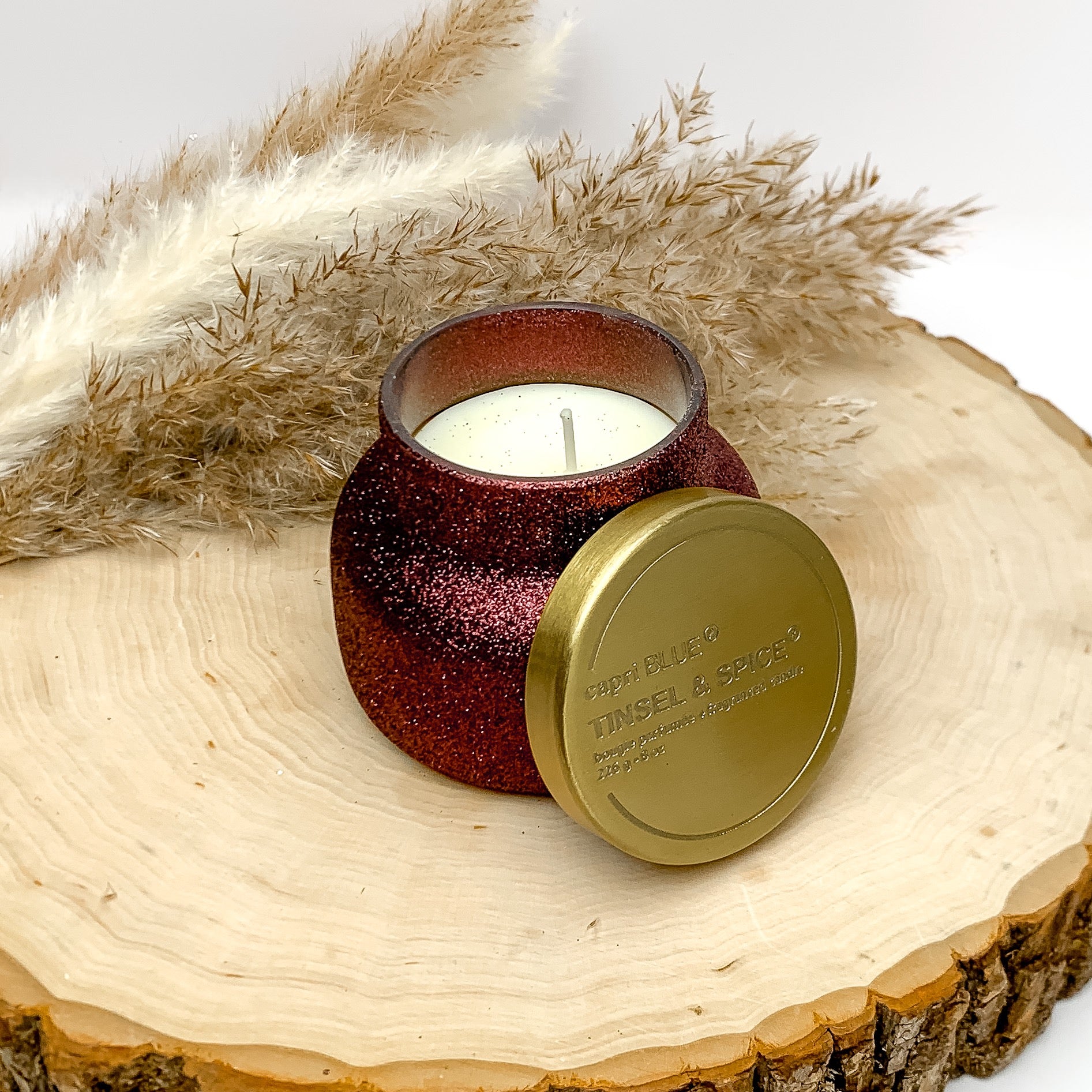 Capri Blue | 19 oz. Jar Candle in Maroon Glitter | Tinsel & Spice - Giddy Up Glamour Boutique