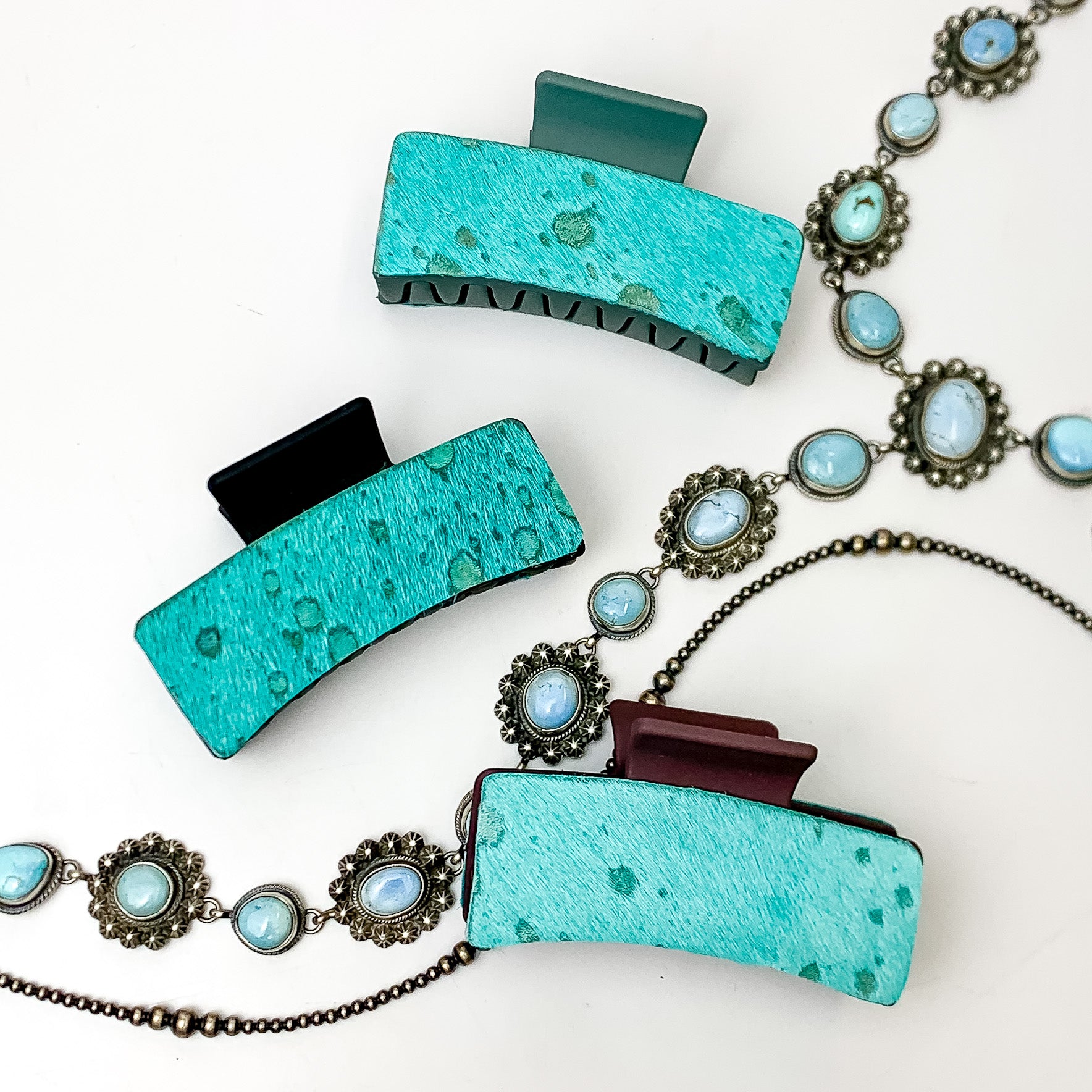 Rectangle Claw Clip with Turquoise Green Cowhide - Giddy Up Glamour Boutique