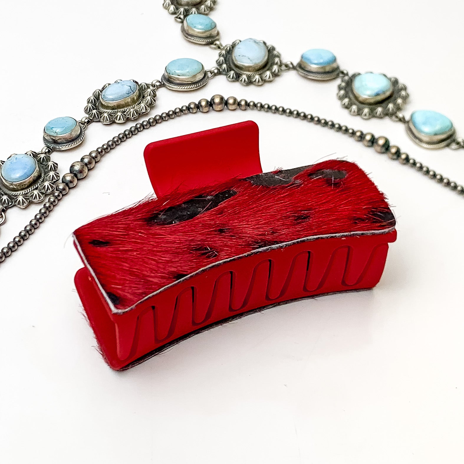 Red Rectangle Claw Clip with Red and Black Acid Wash Cowhide - Giddy Up Glamour Boutique