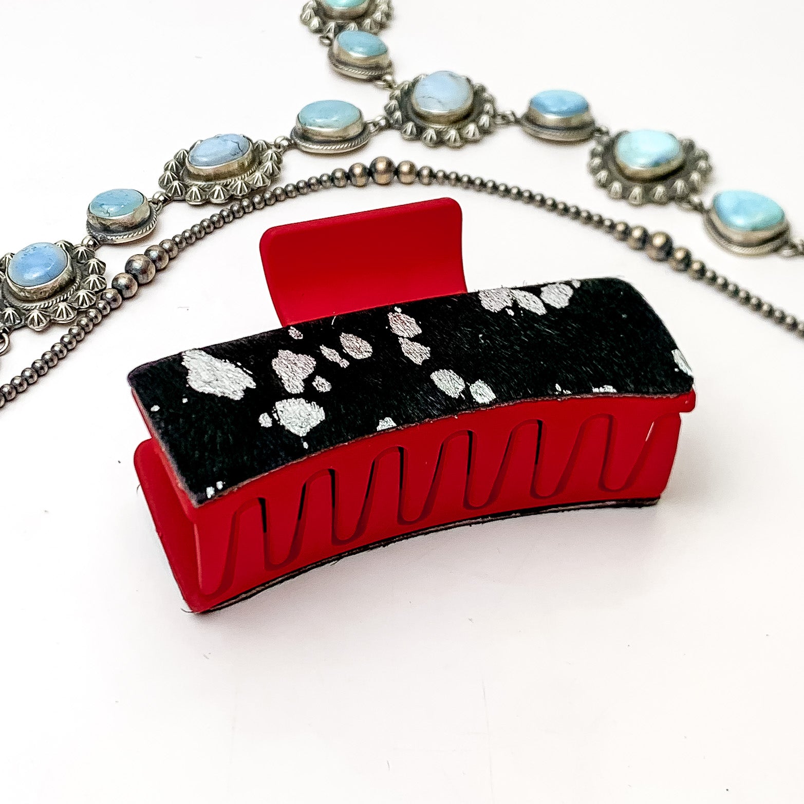 Red Rectangle Claw Clip with Black and Silver Acid Wash Cowhide - Giddy Up Glamour Boutique
